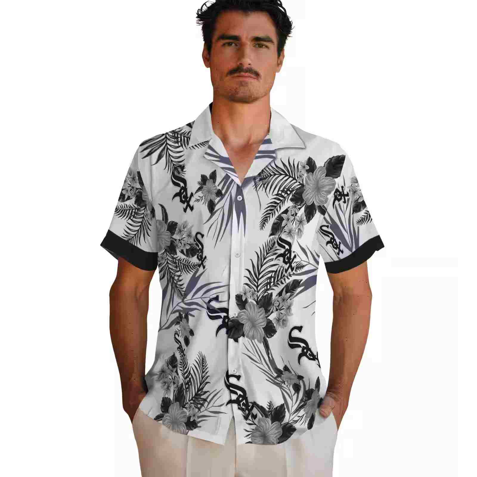 chicago white sox patriotic hibiscus design black white hawaiian shirt fashion forward