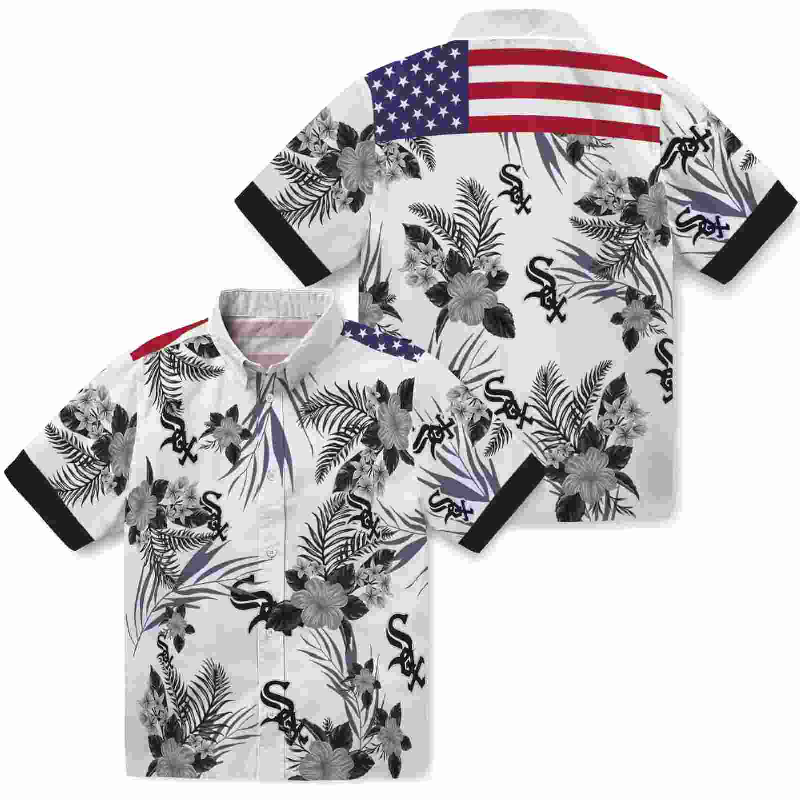 chicago white sox patriotic hibiscus design black white hawaiian shirt high quality