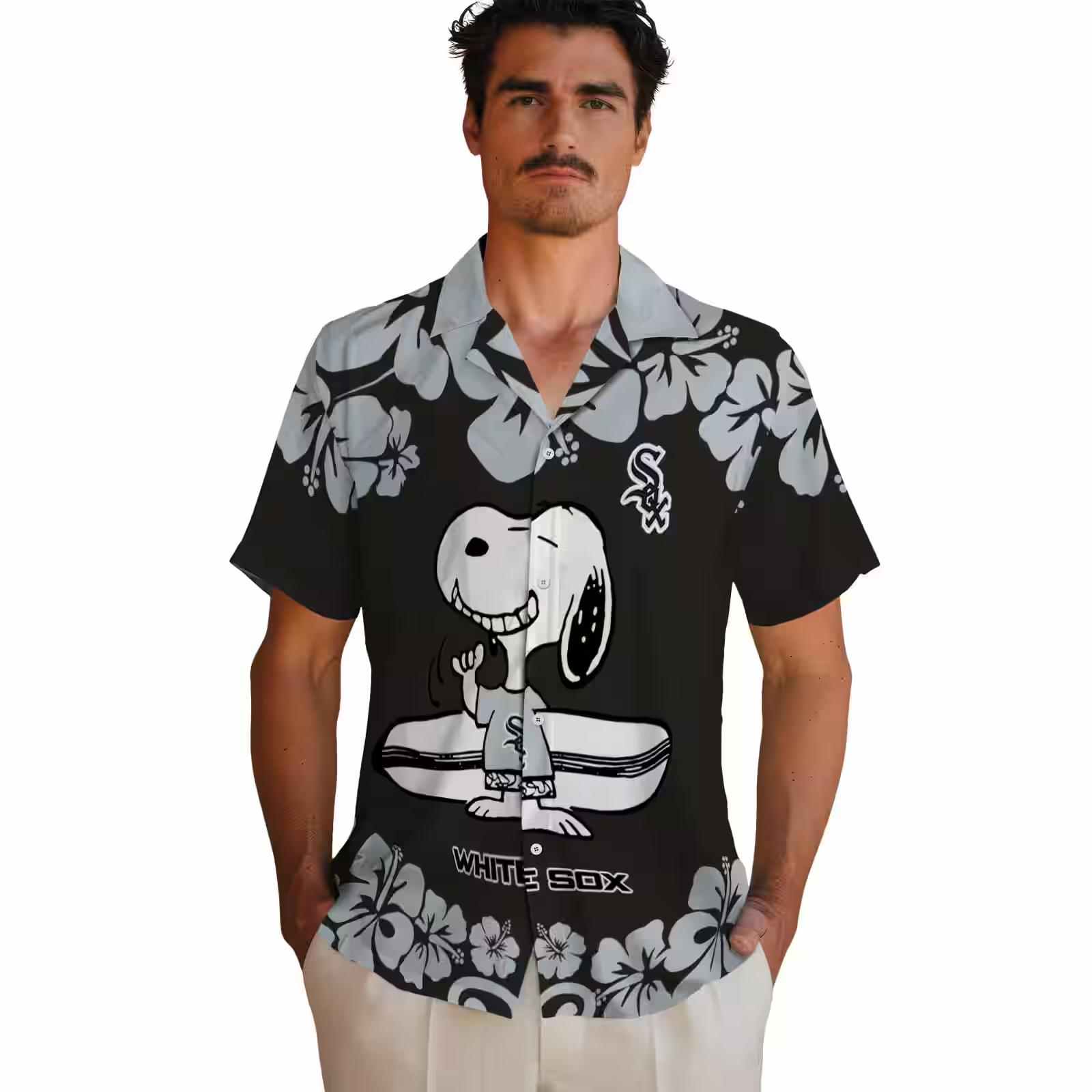 chicago white sox snoopy surf black white hawaiian shirt fashion forward