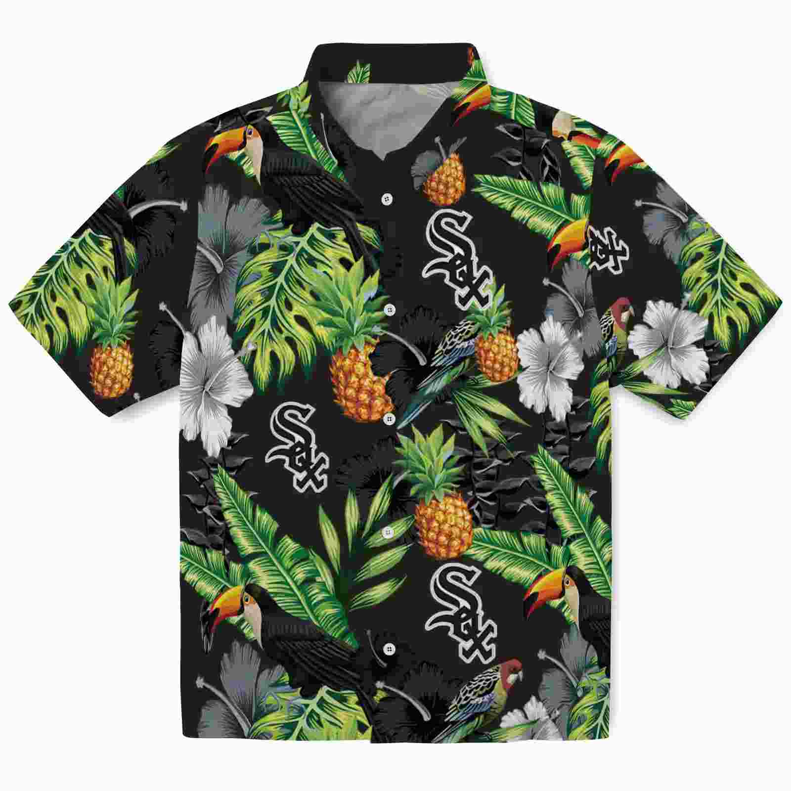 Chicago White Sox Toucan Hibiscus Pineapple Black Green Hawaiian Shirt