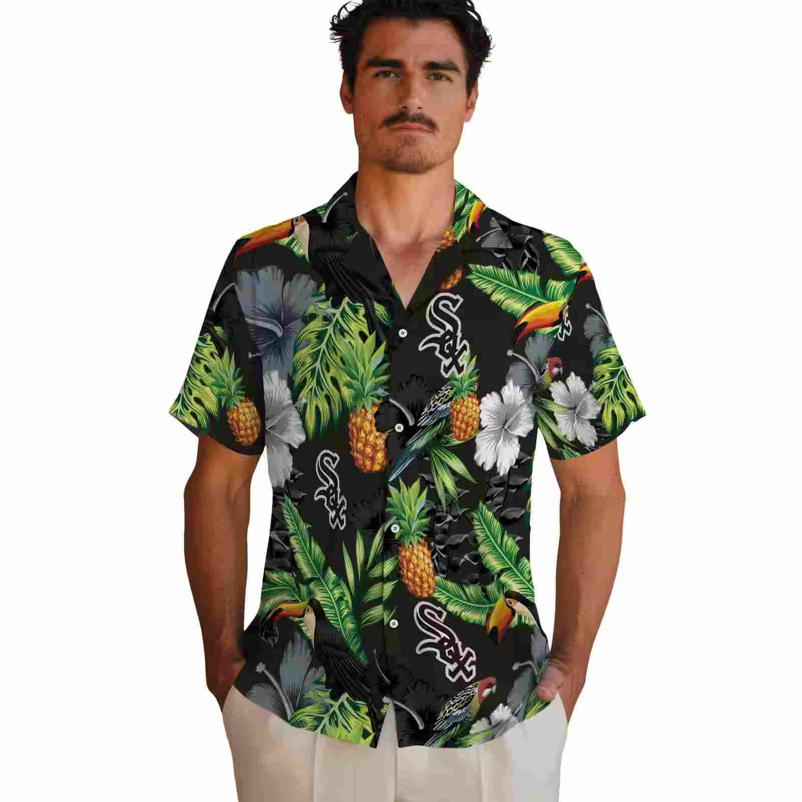 chicago white sox toucan hibiscus pineapple black green hawaiian shirt fashion forward