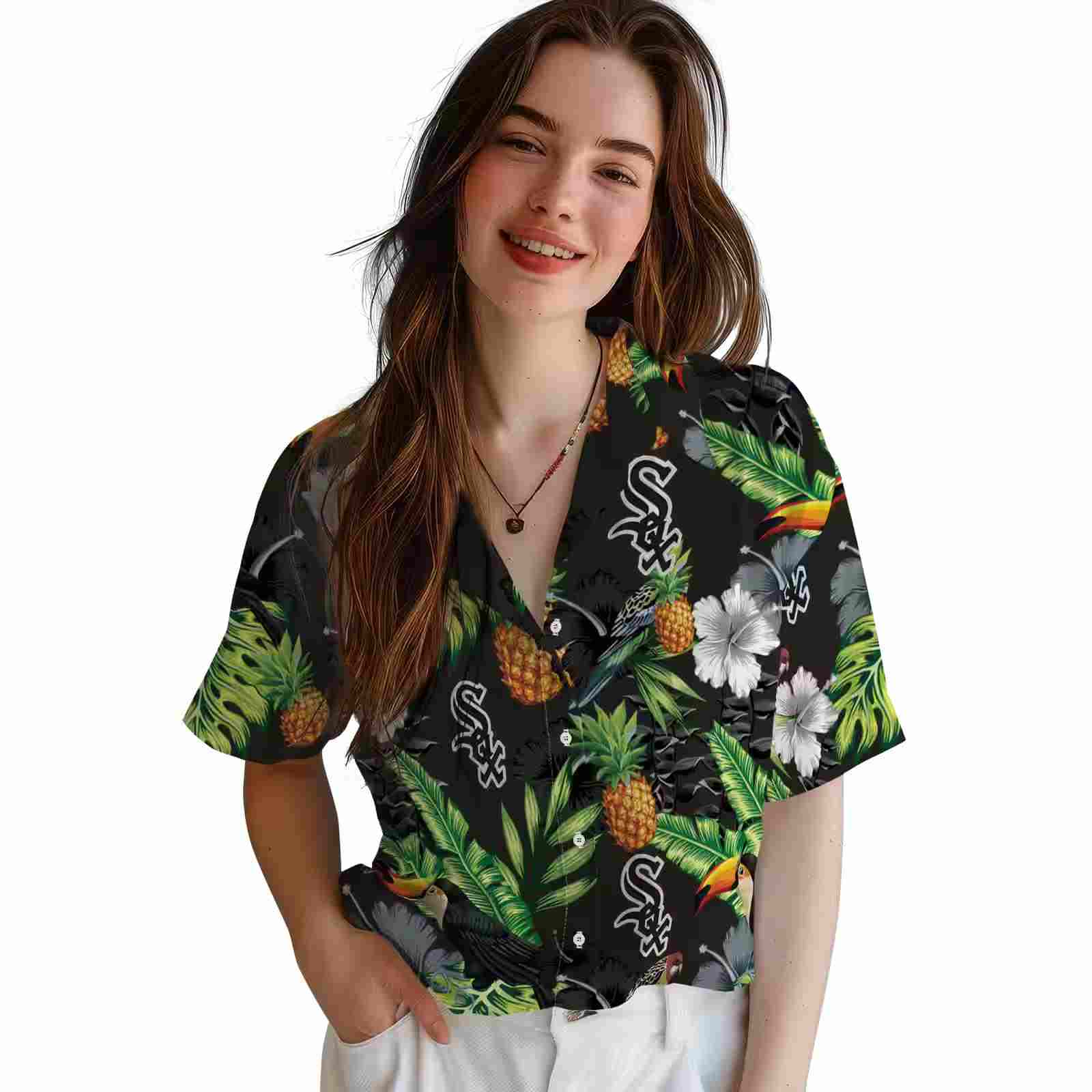 chicago white sox toucan hibiscus pineapple black green hawaiian shirt latest model