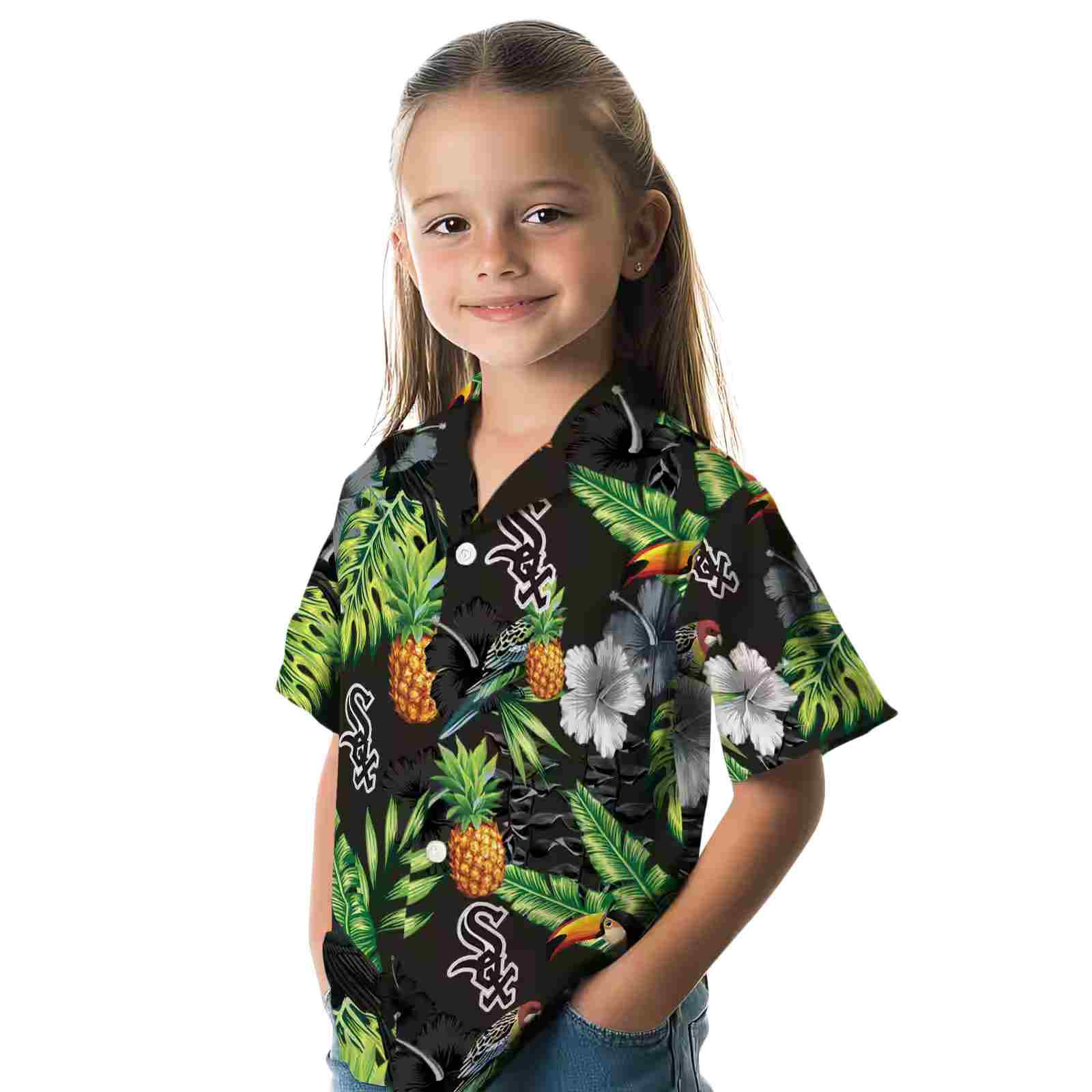 chicago white sox toucan hibiscus pineapple black green hawaiian shirt premium grade