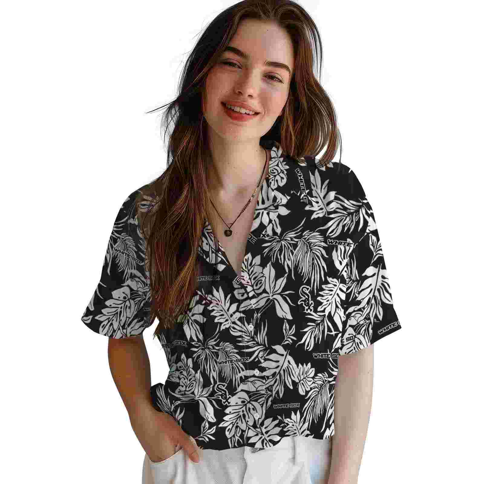 chicago white sox tropical leaf black white hawaiian shirt latest model