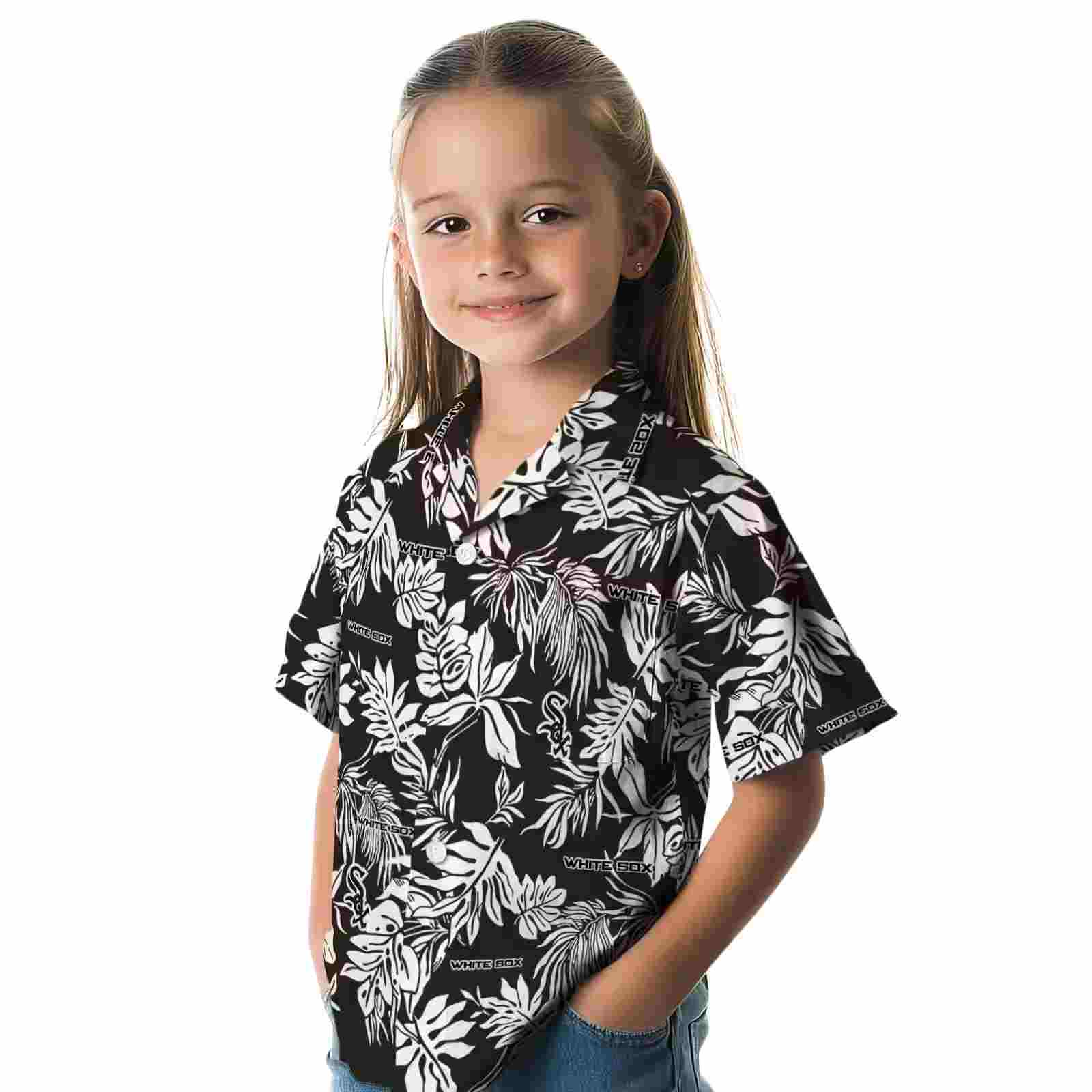 chicago white sox tropical leaf black white hawaiian shirt premium grade