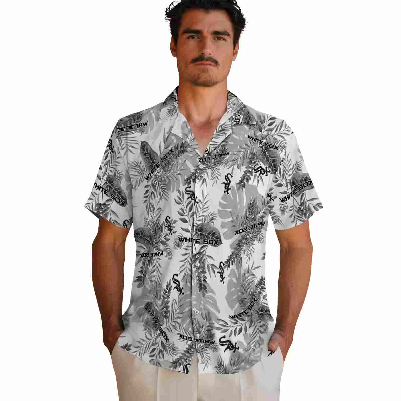 chicago white sox tropical leaves black white hawaiian shirt fashion forward