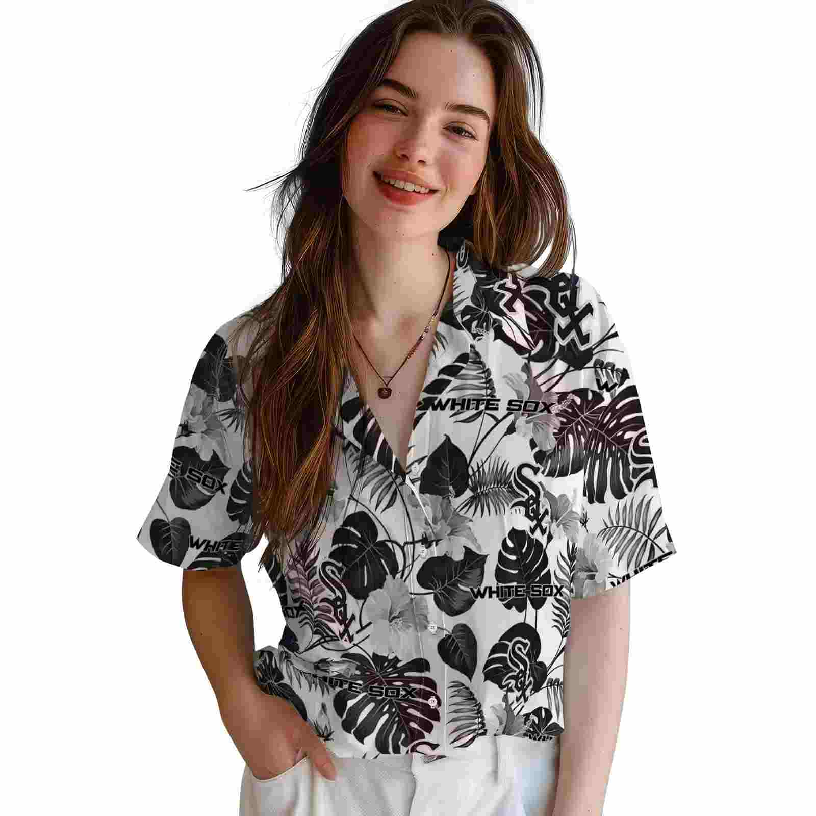 chicago white sox tropical plants black white hawaiian shirt latest model