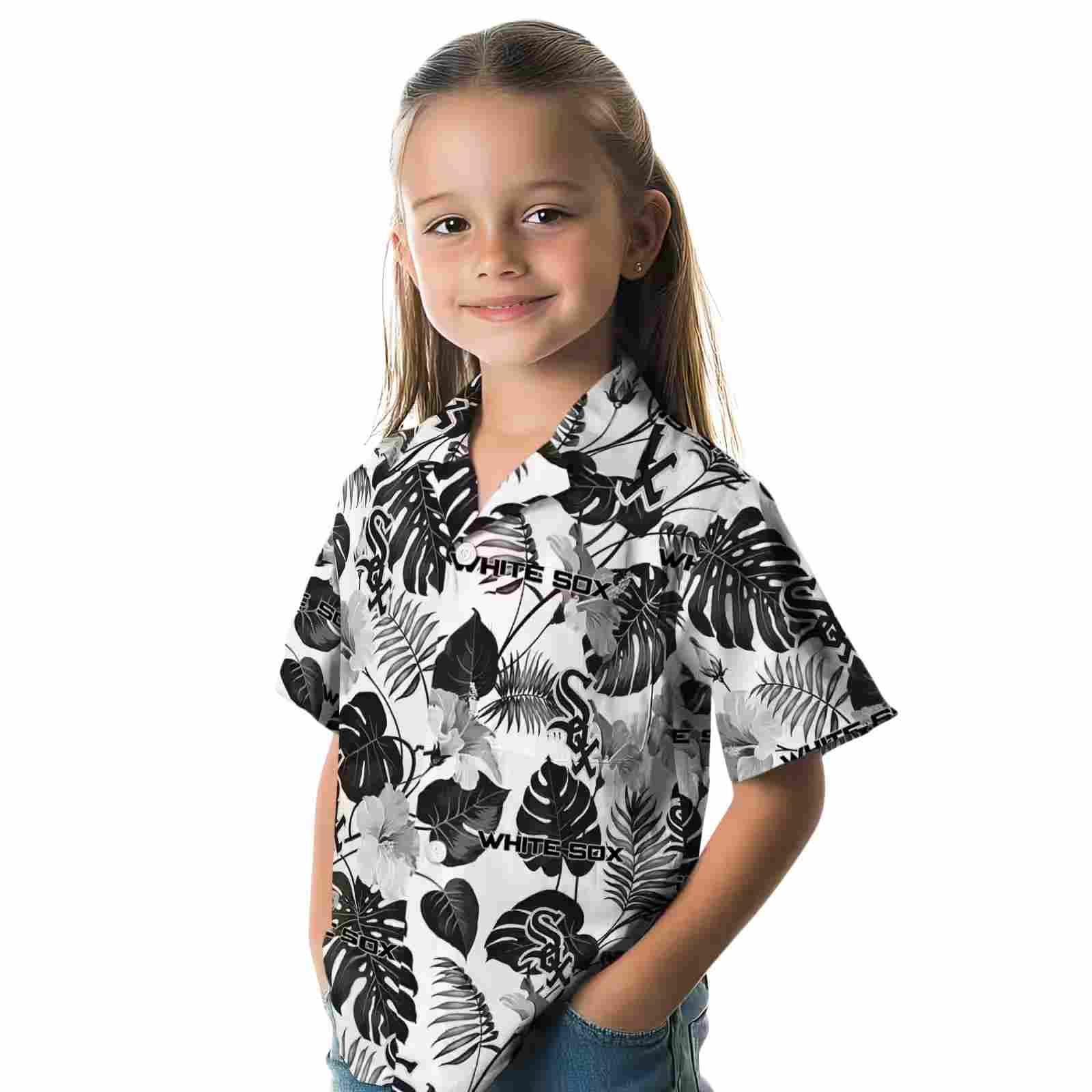 chicago white sox tropical plants black white hawaiian shirt premium grade