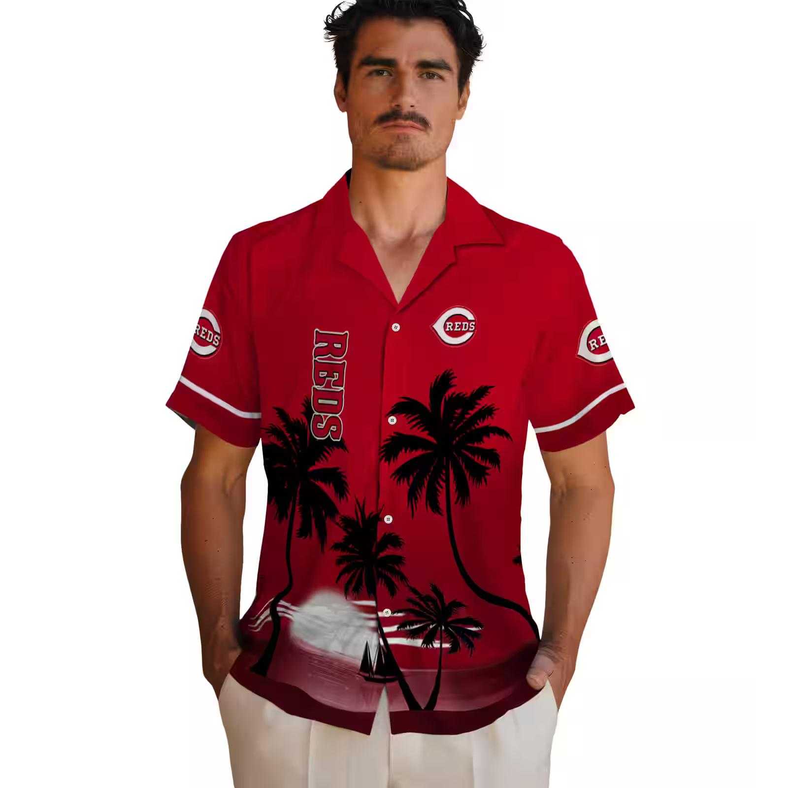 cincinnati reds beach sunset red black hawaiian shirt fashion forward