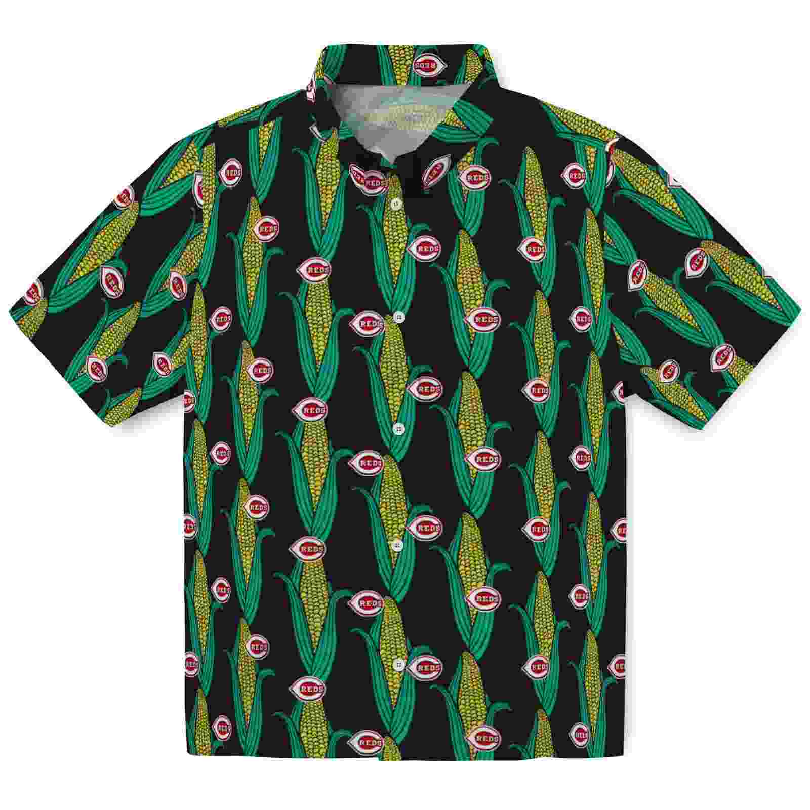 Cincinnati Reds Corn Motifs Black Green Hawaiian Shirt