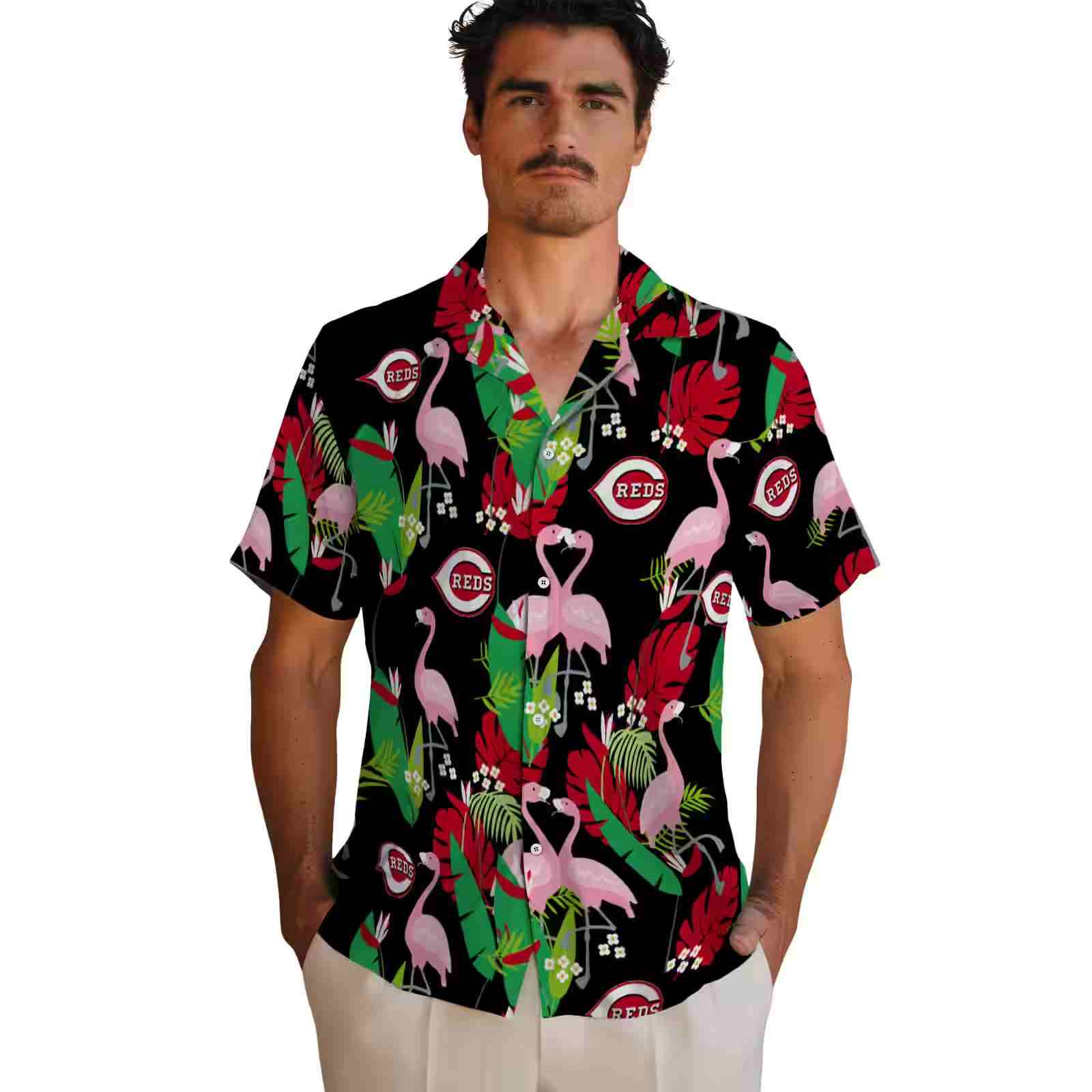 cincinnati reds flamingo foliage red green hawaiian shirt fashion forward