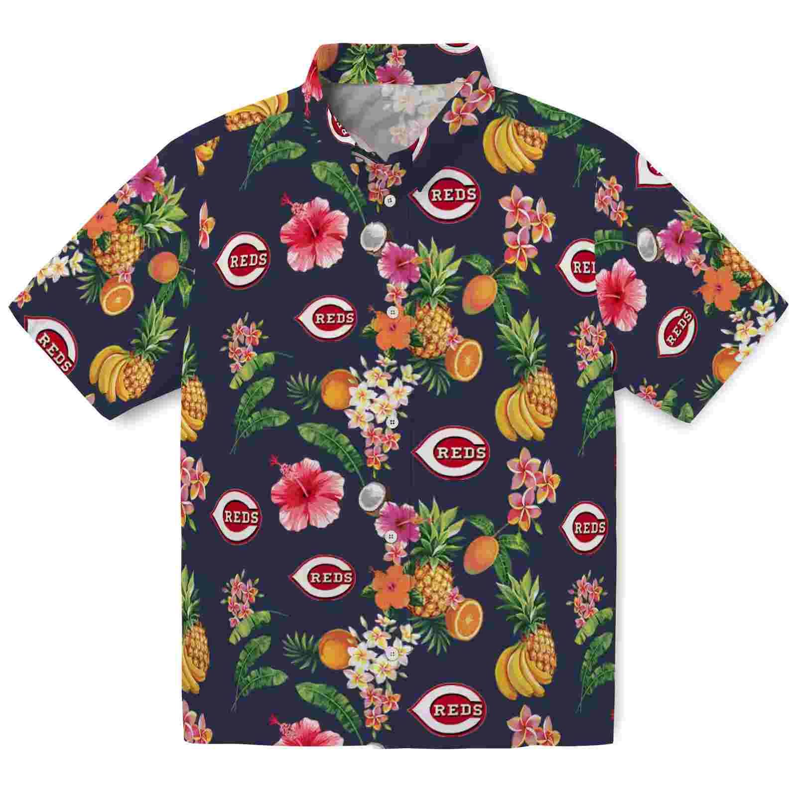 Cincinnati Reds Hibiscus And Fruit Navy Blue Hawaiian Shirt