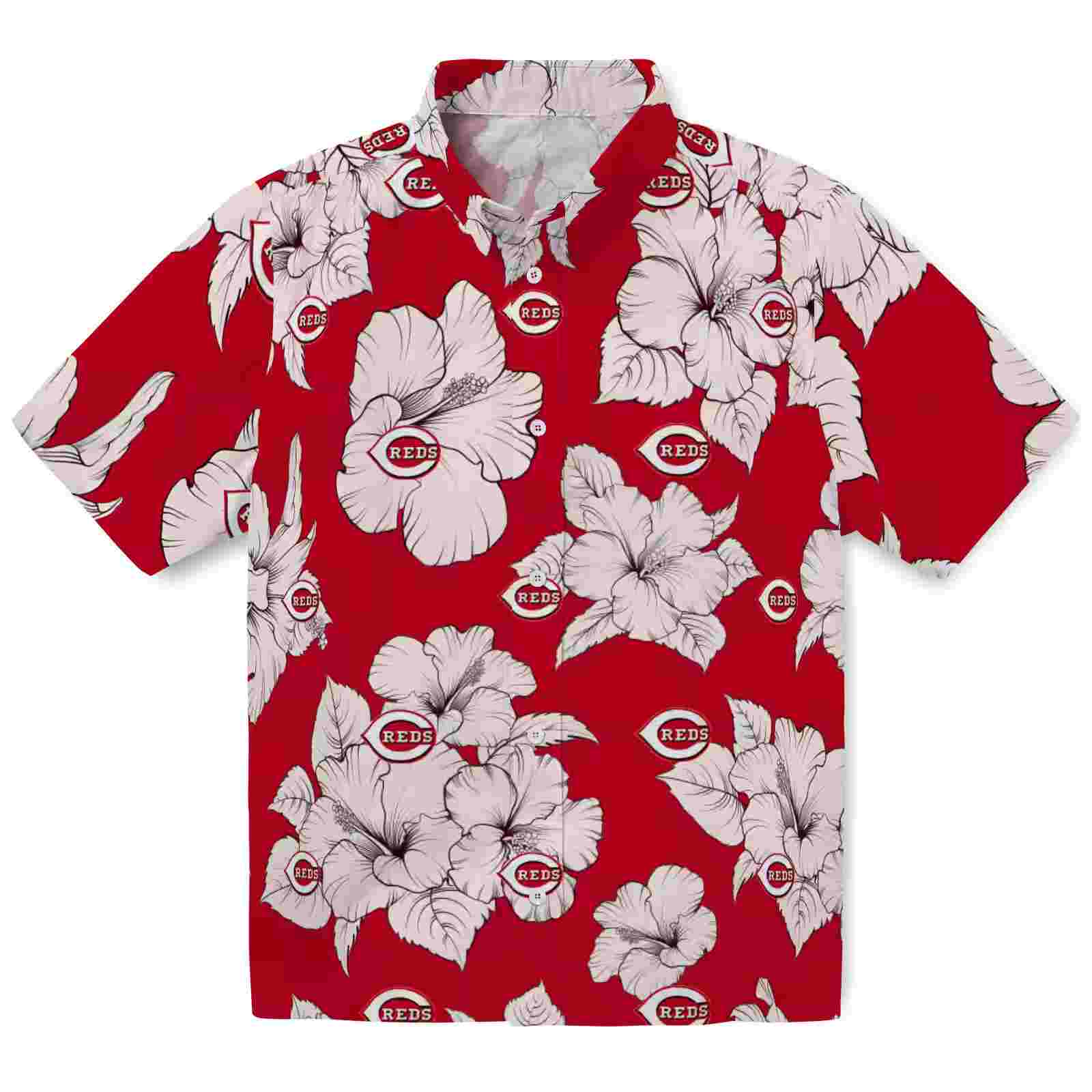 Cincinnati Reds Hibiscus Blooms Red White Hawaiian Shirt