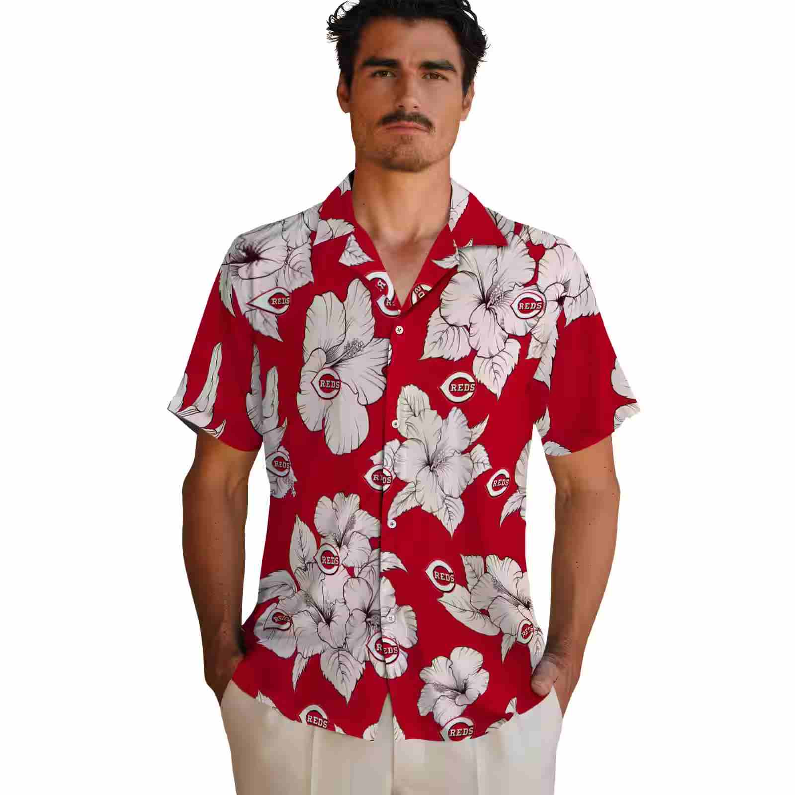 cincinnati reds hibiscus blooms red white hawaiian shirt fashion forward