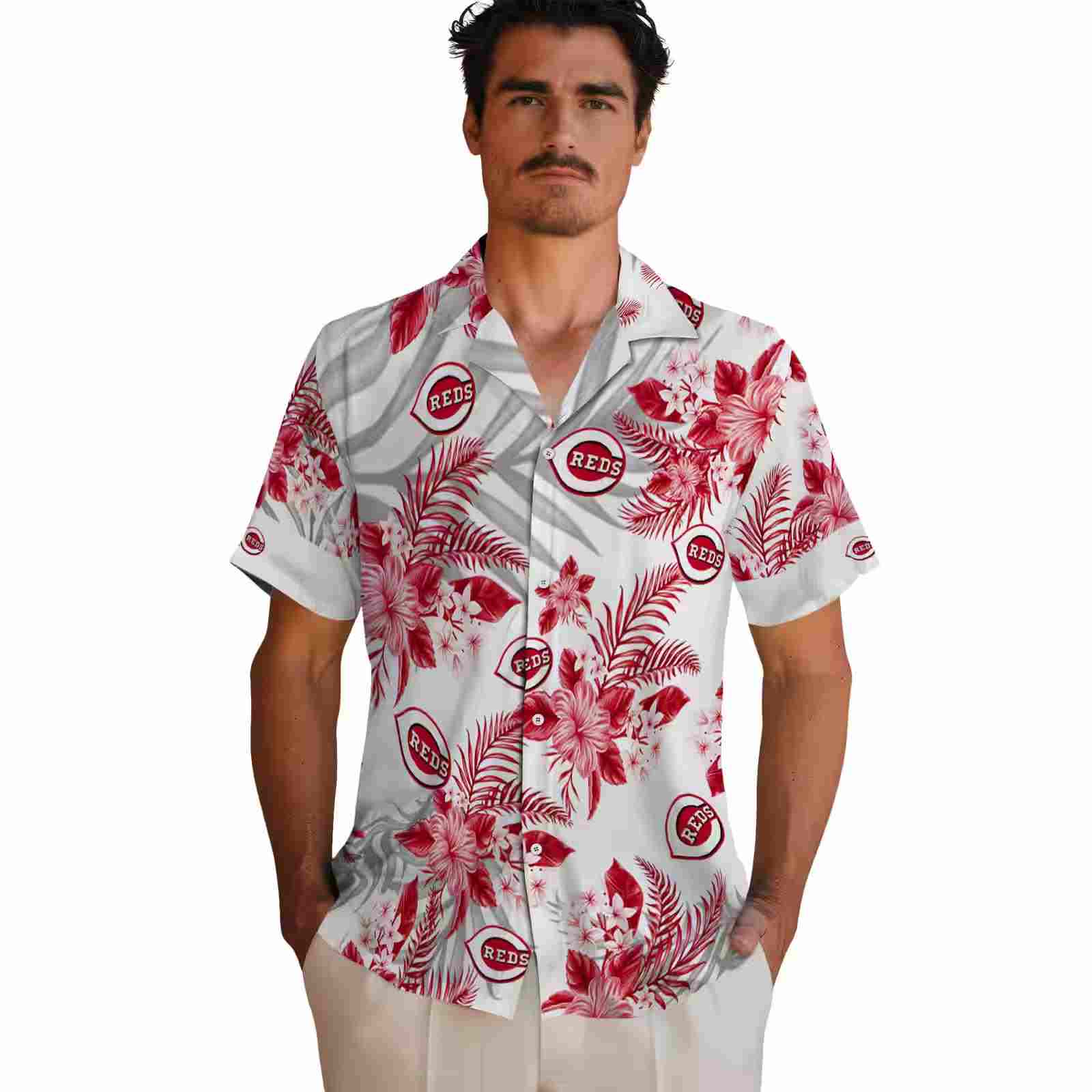 cincinnati reds hibiscus palm leaves red white hawaiian shirt fashion forward