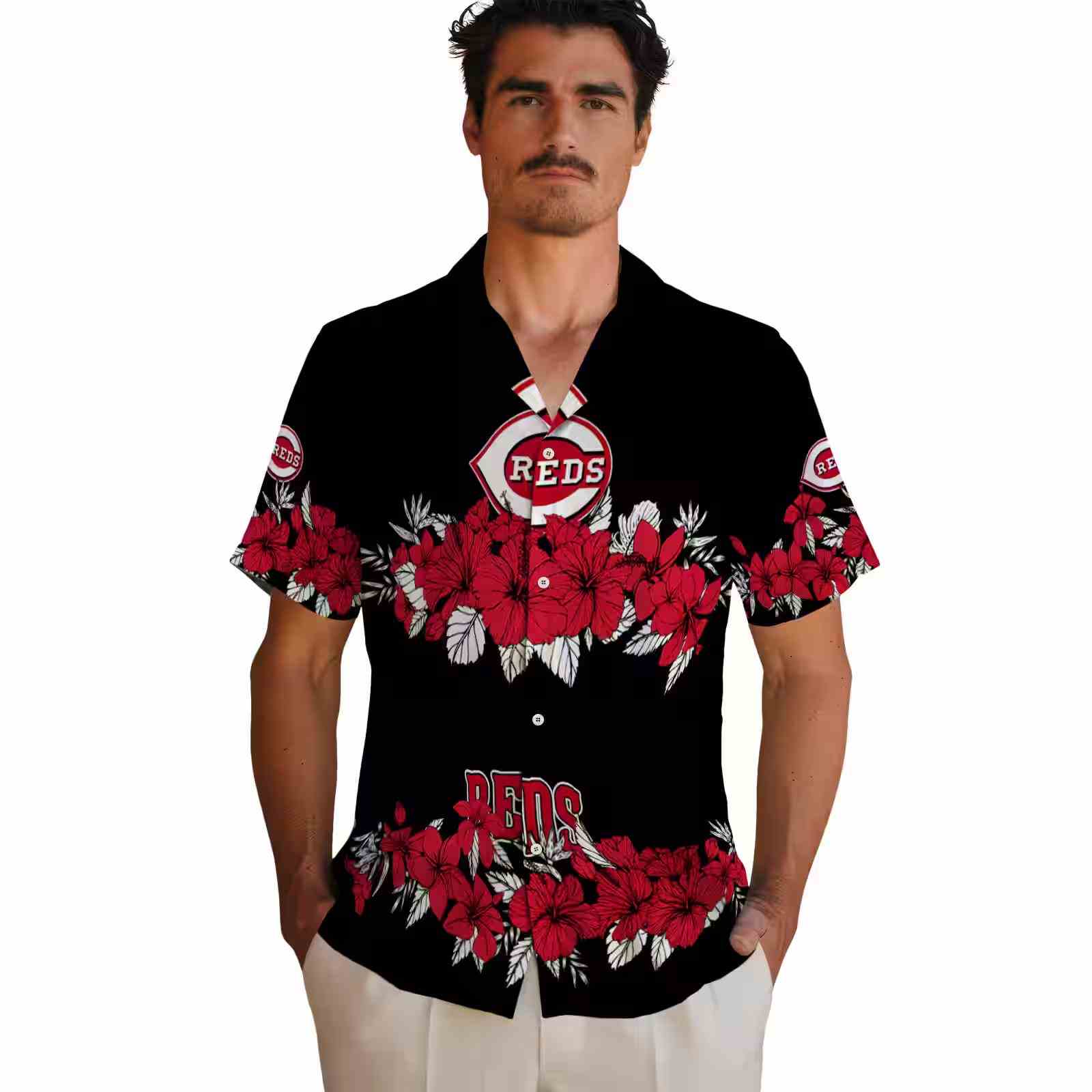 cincinnati reds hibiscus stripe red black hawaiian shirt fashion forward