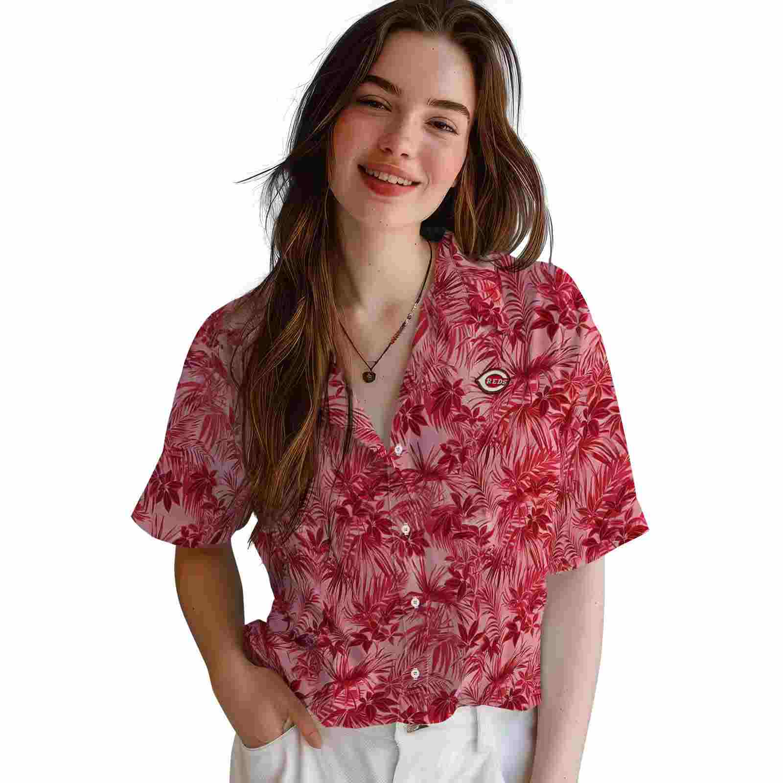 cincinnati reds leafy pattern red hawaiian shirt latest model