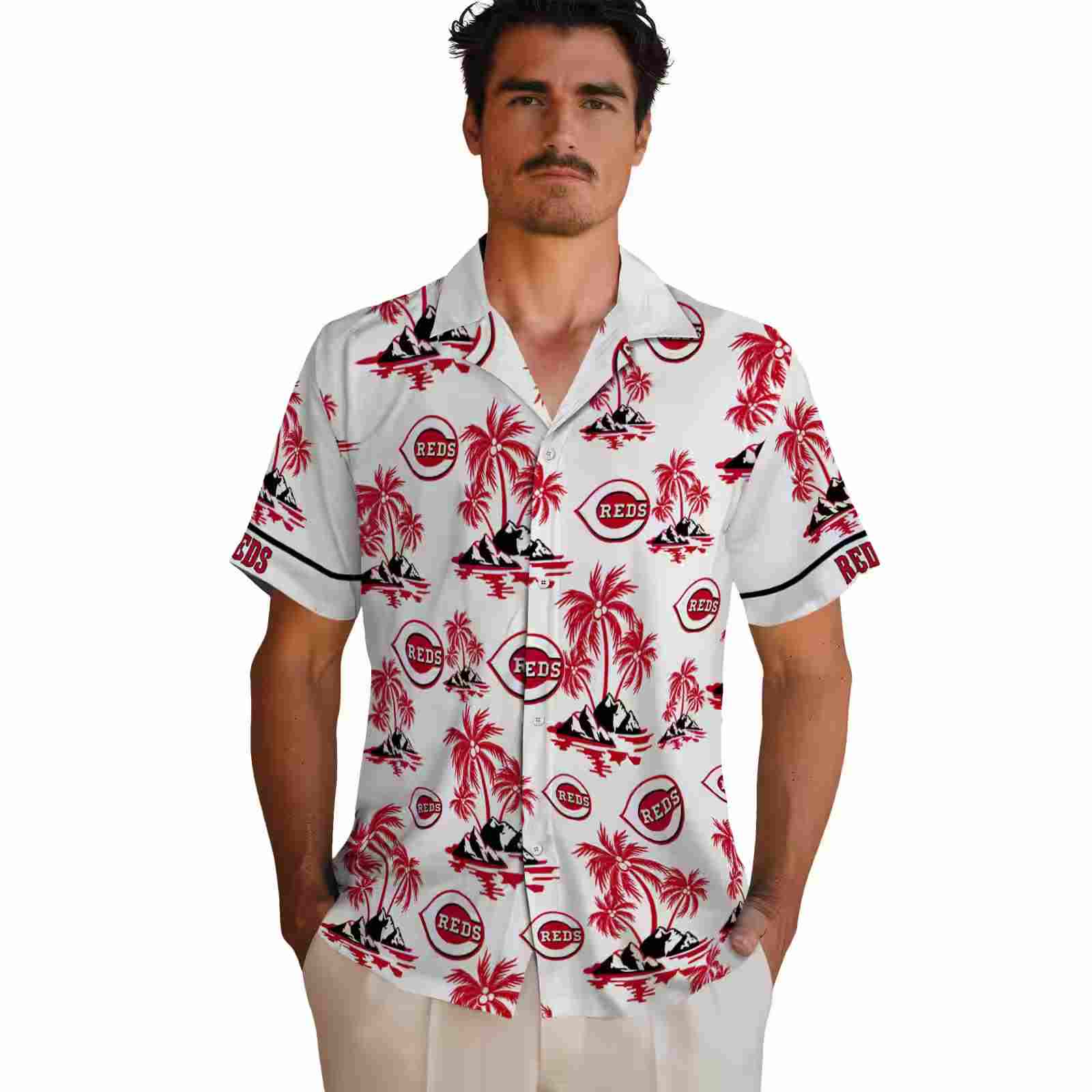 cincinnati reds palm island print red white hawaiian shirt fashion forward