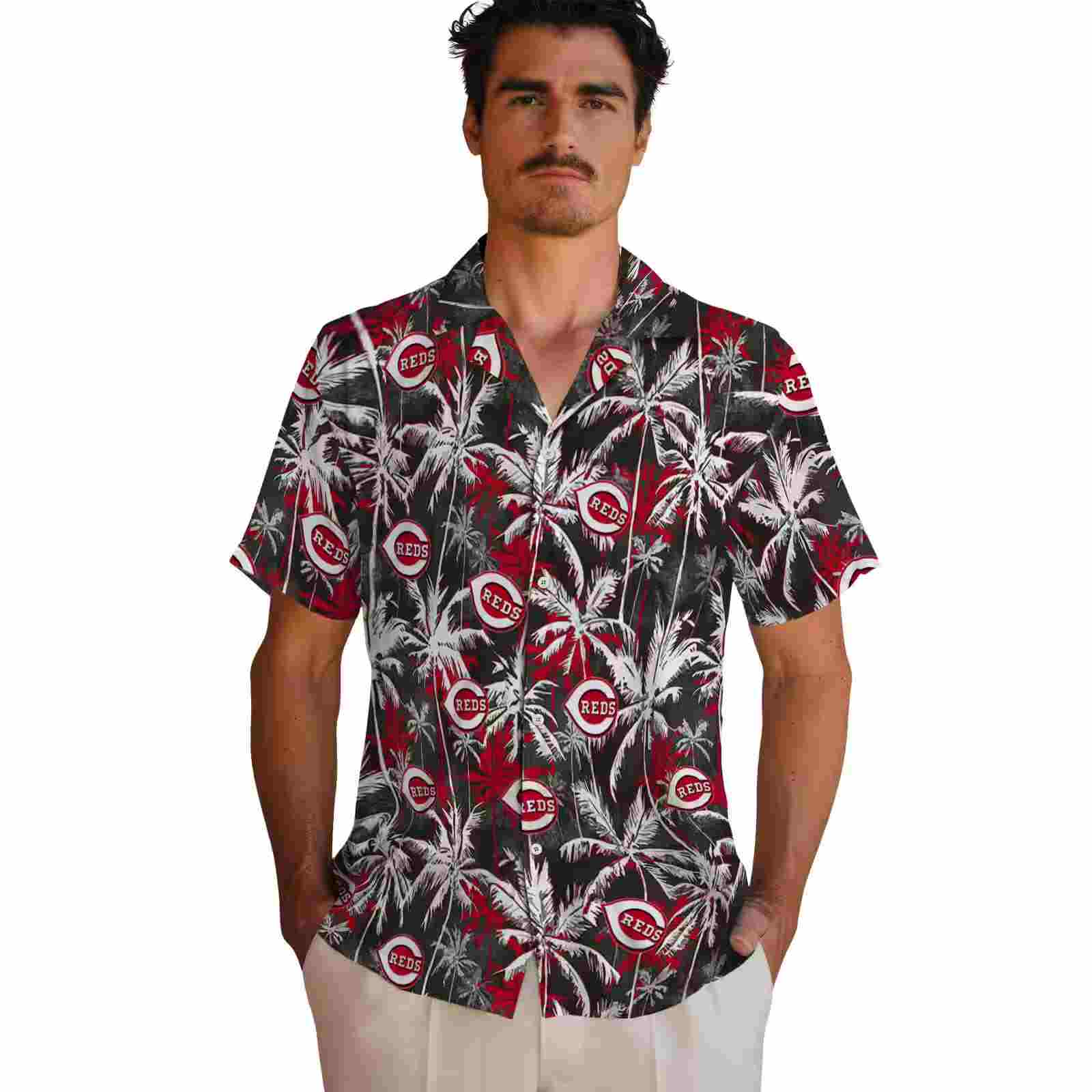 cincinnati reds palm pattern red black hawaiian shirt fashion forward