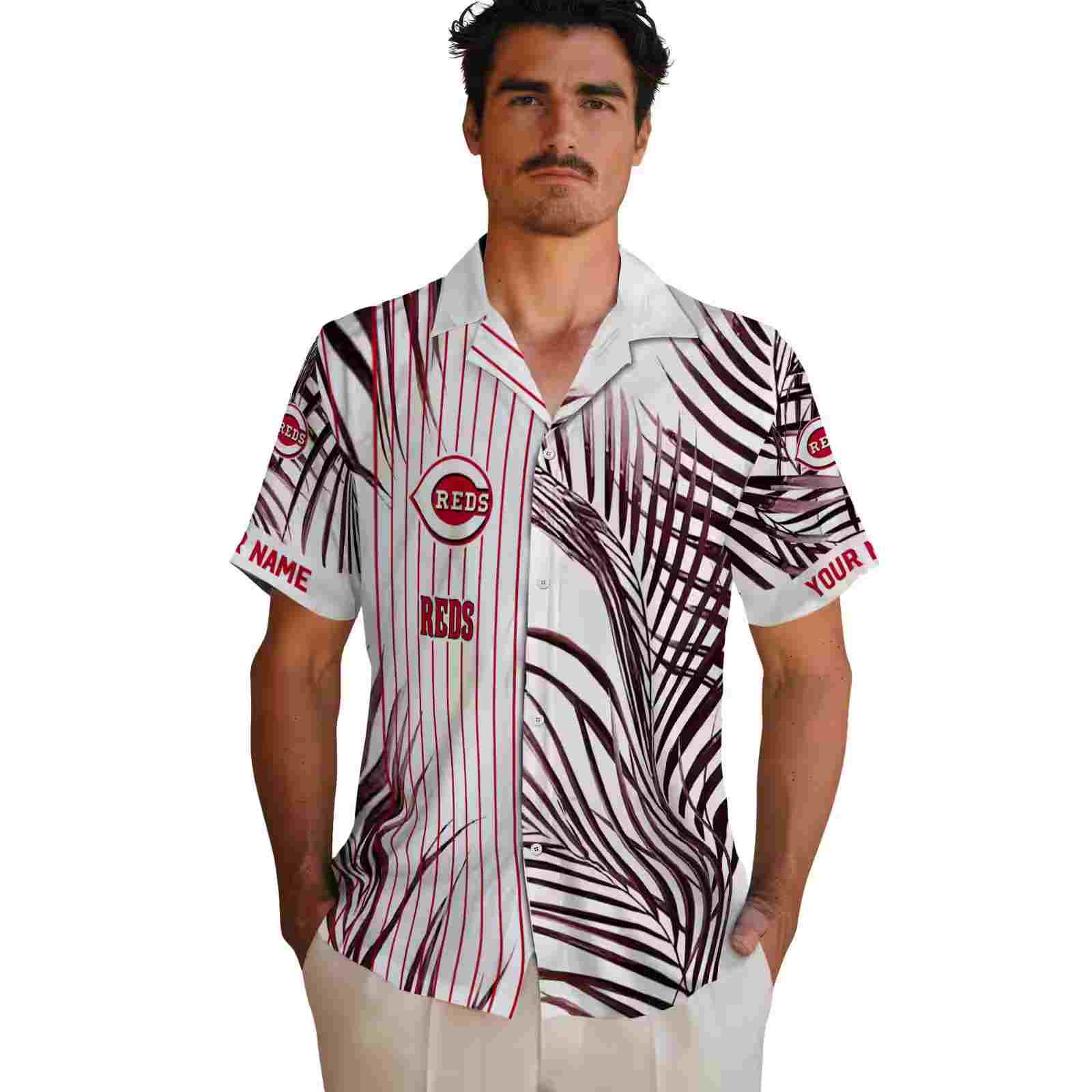 cincinnati reds palm stripes red black white hawaiian shirt fashion forward