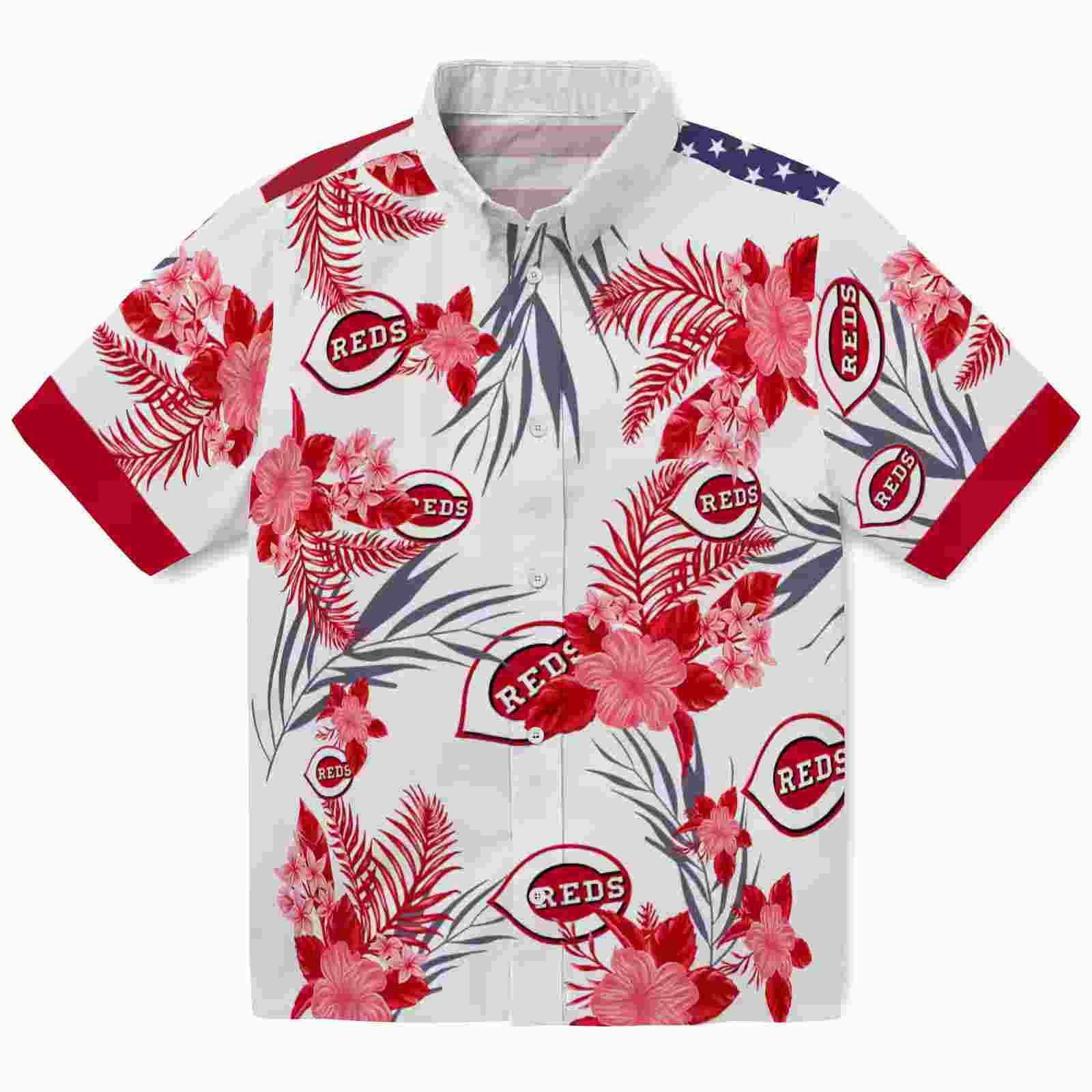 Cincinnati Reds Patriotic Hibiscus Design Red White Hawaiian Shirt