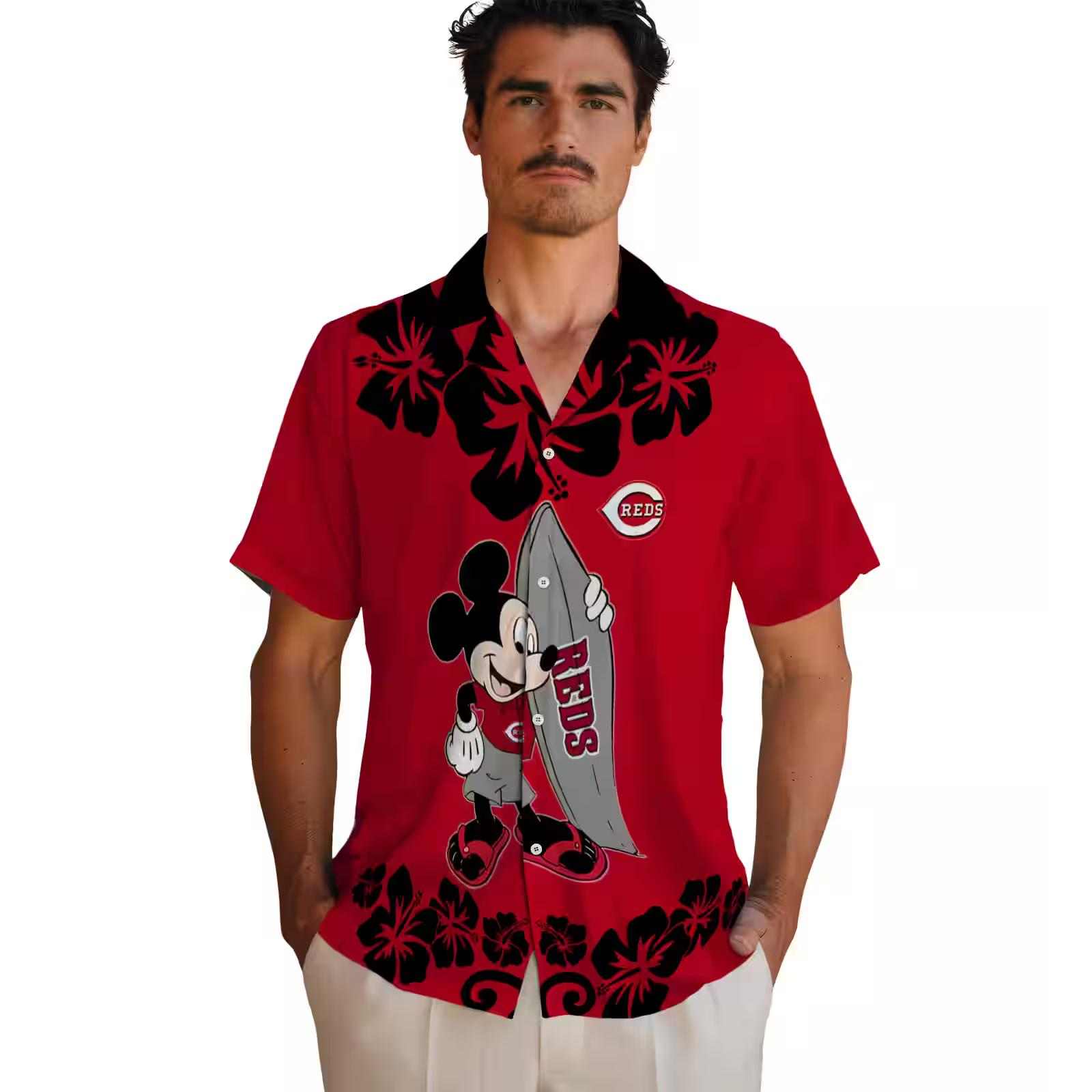 cincinnati reds surfing mickey red hawaiian shirt fashion forward