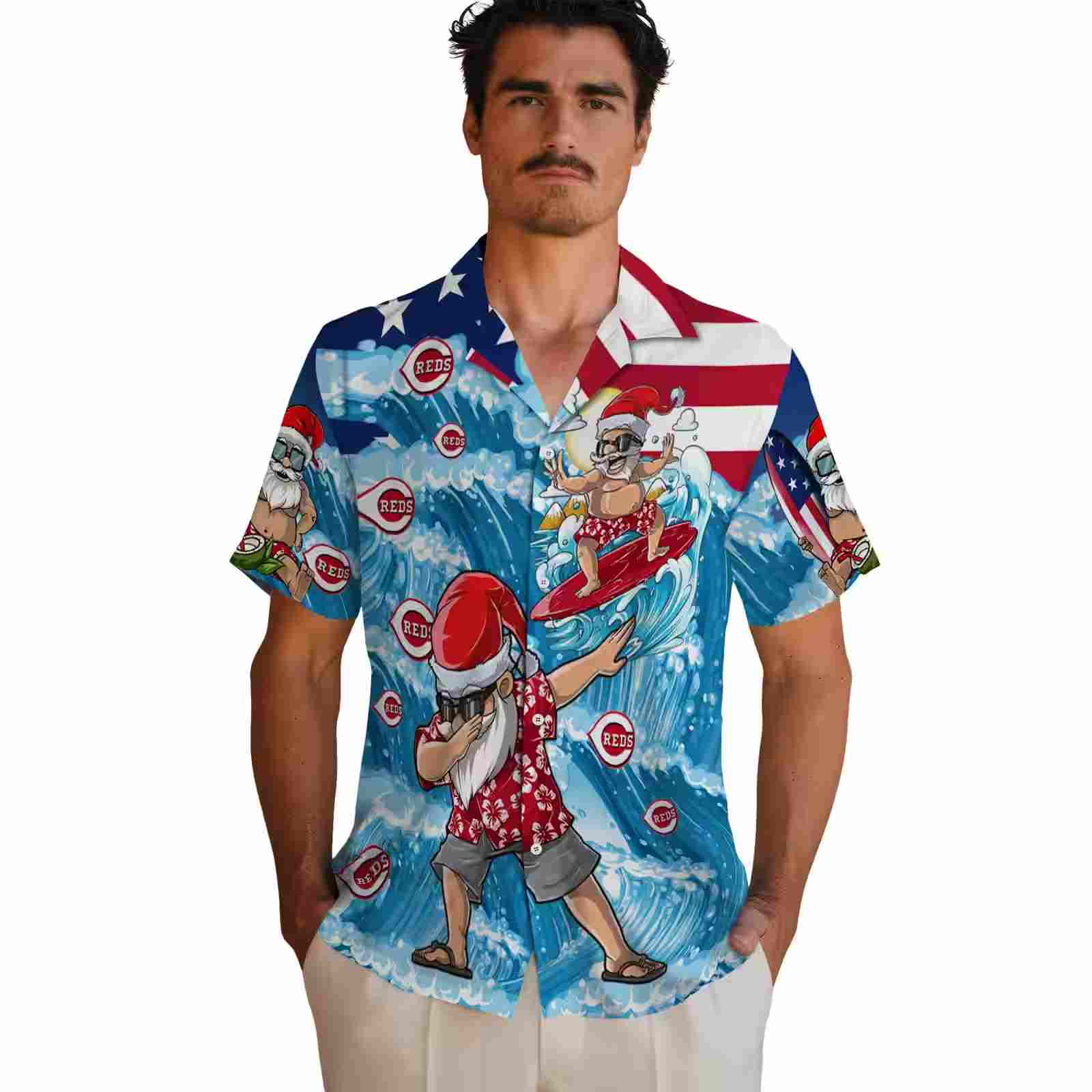 cincinnati reds surfing santa blue hawaiian shirt fashion forward