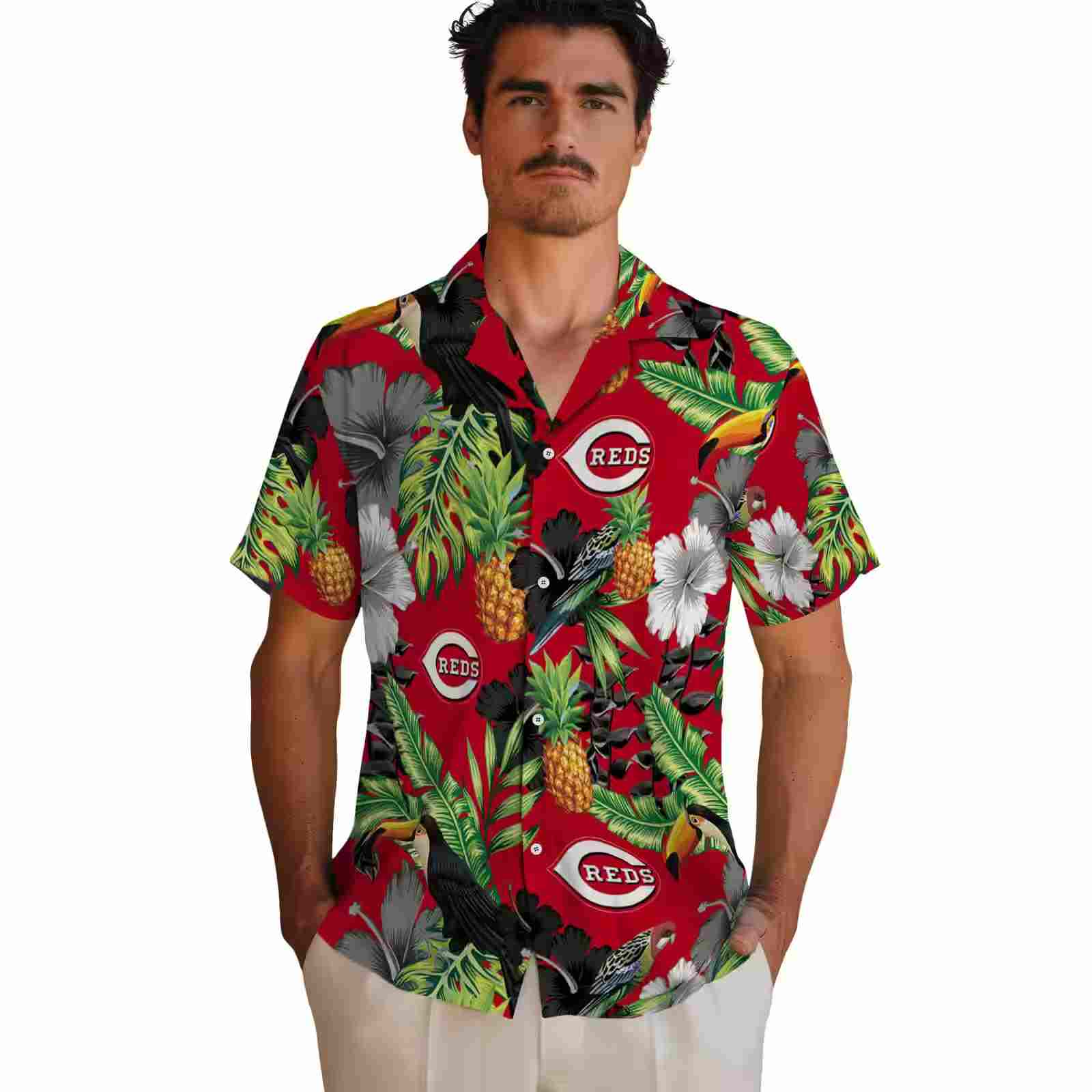 cincinnati reds toucan hibiscus pineapple red green hawaiian shirt fashion forward