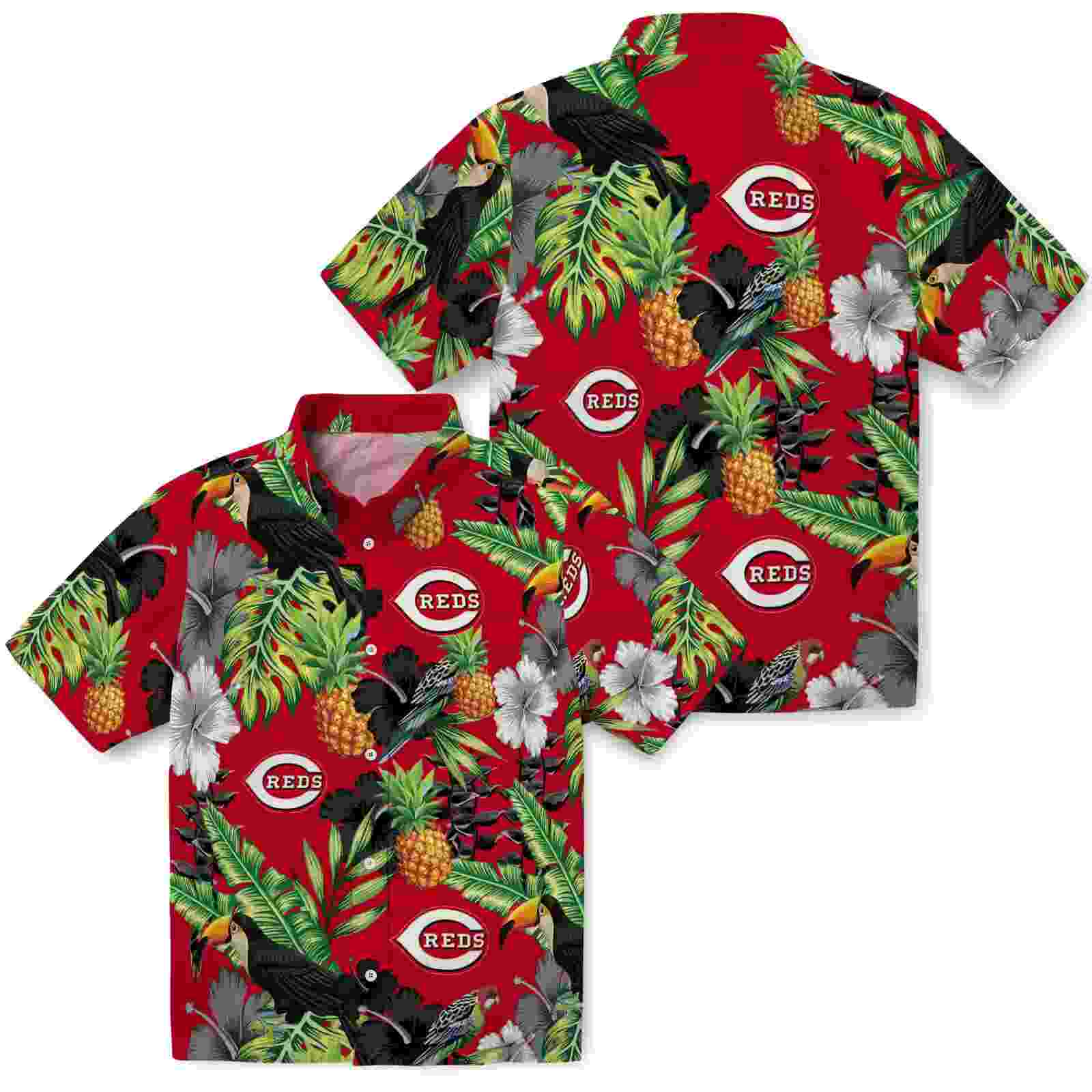 cincinnati reds toucan hibiscus pineapple red green hawaiian shirt high quality