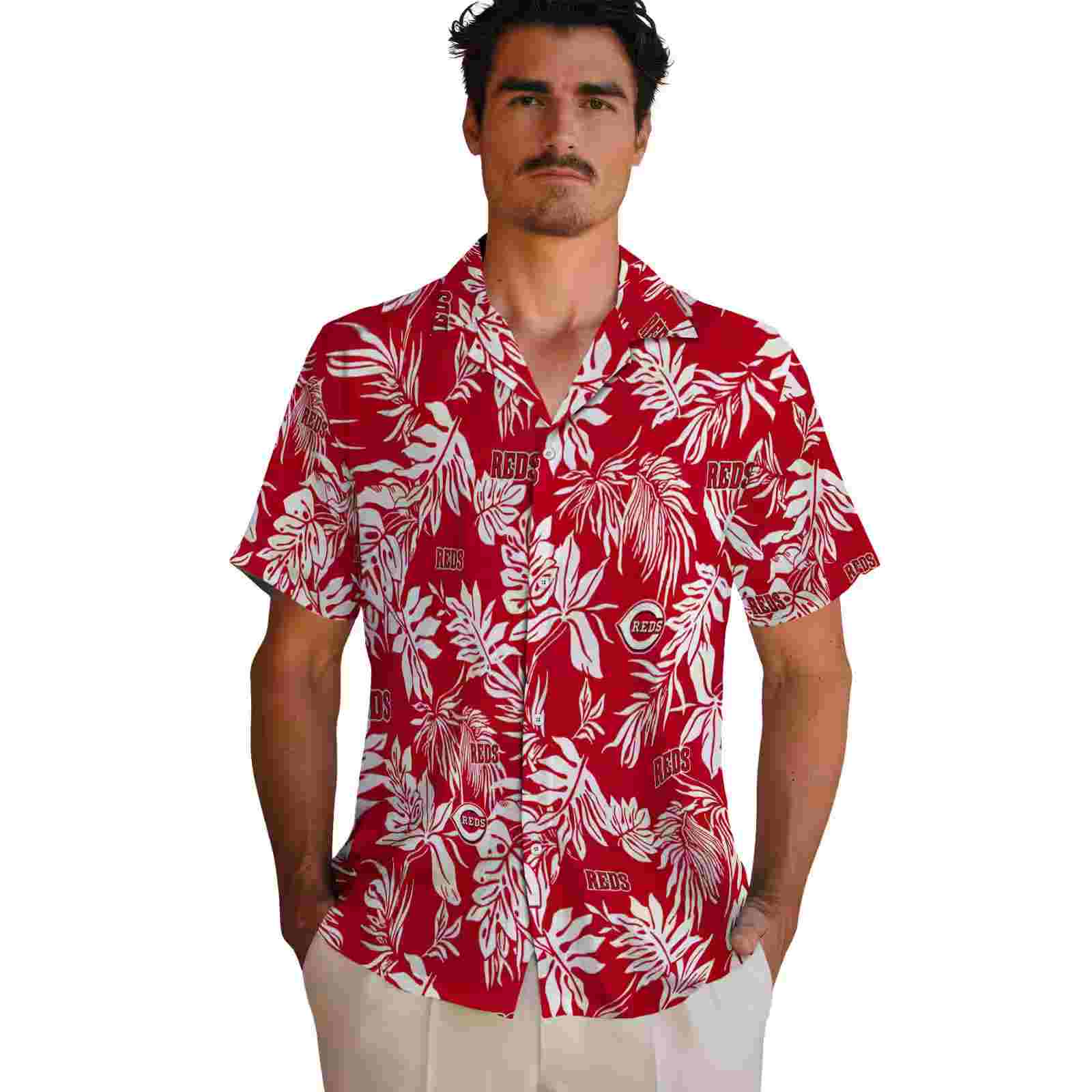 cincinnati reds tropical leaf red white hawaiian shirt fashion forward