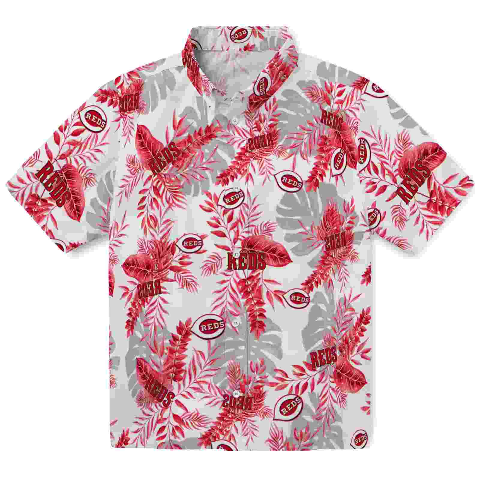 Cincinnati Reds Tropical Leaves Red White Hawaiian Shirt