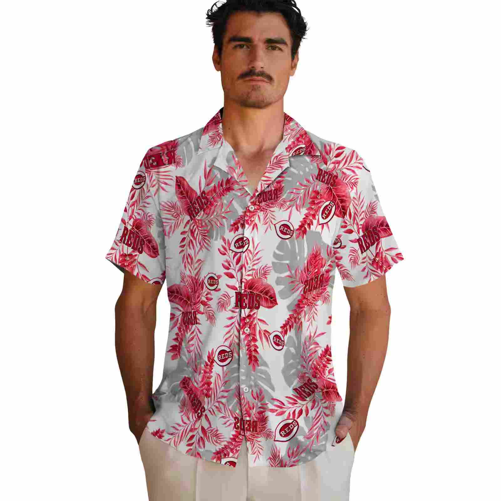 cincinnati reds tropical leaves red white hawaiian shirt fashion forward