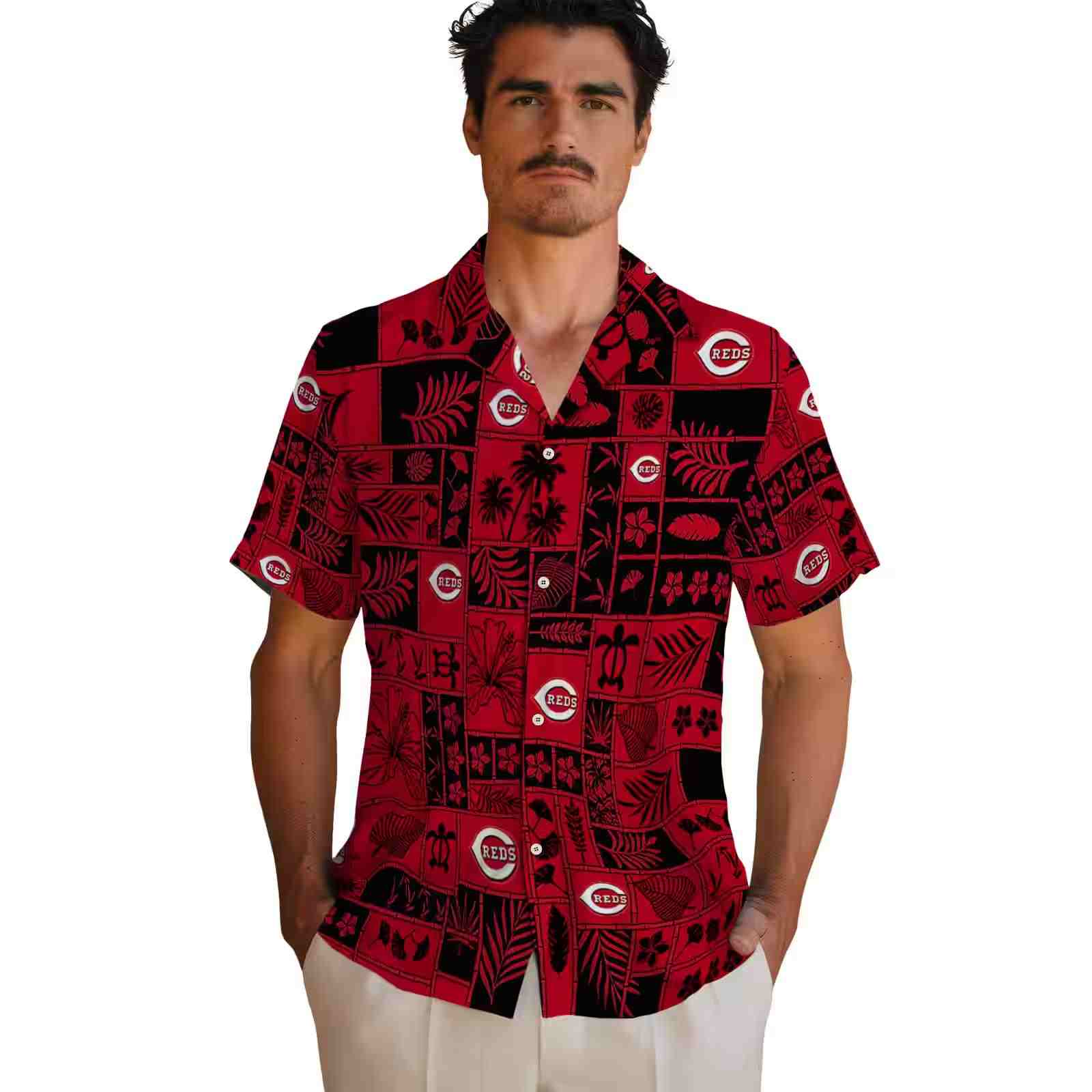 cincinnati reds tropical patchwork red black hawaiian shirt fashion forward