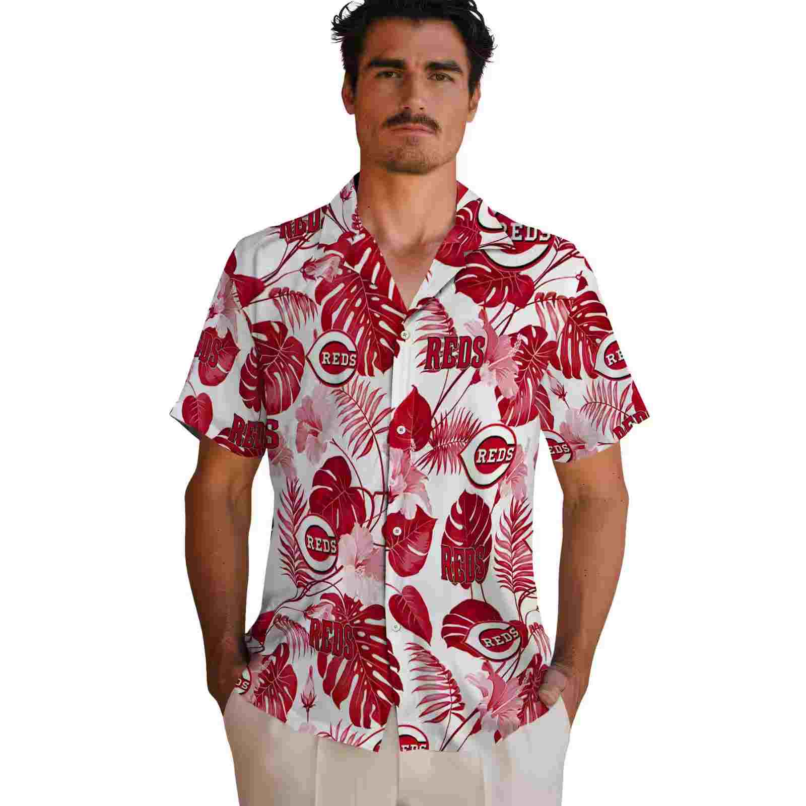 cincinnati reds tropical plants red white hawaiian shirt fashion forward