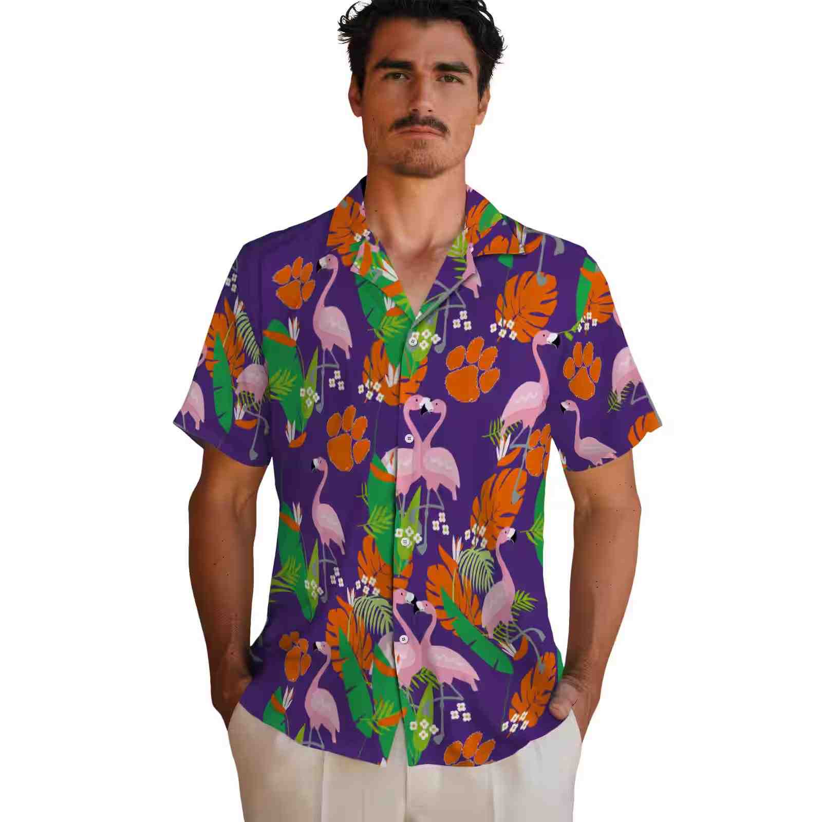 clemson tigers flamingo foliage orange green hawaiian shirt fashion forward