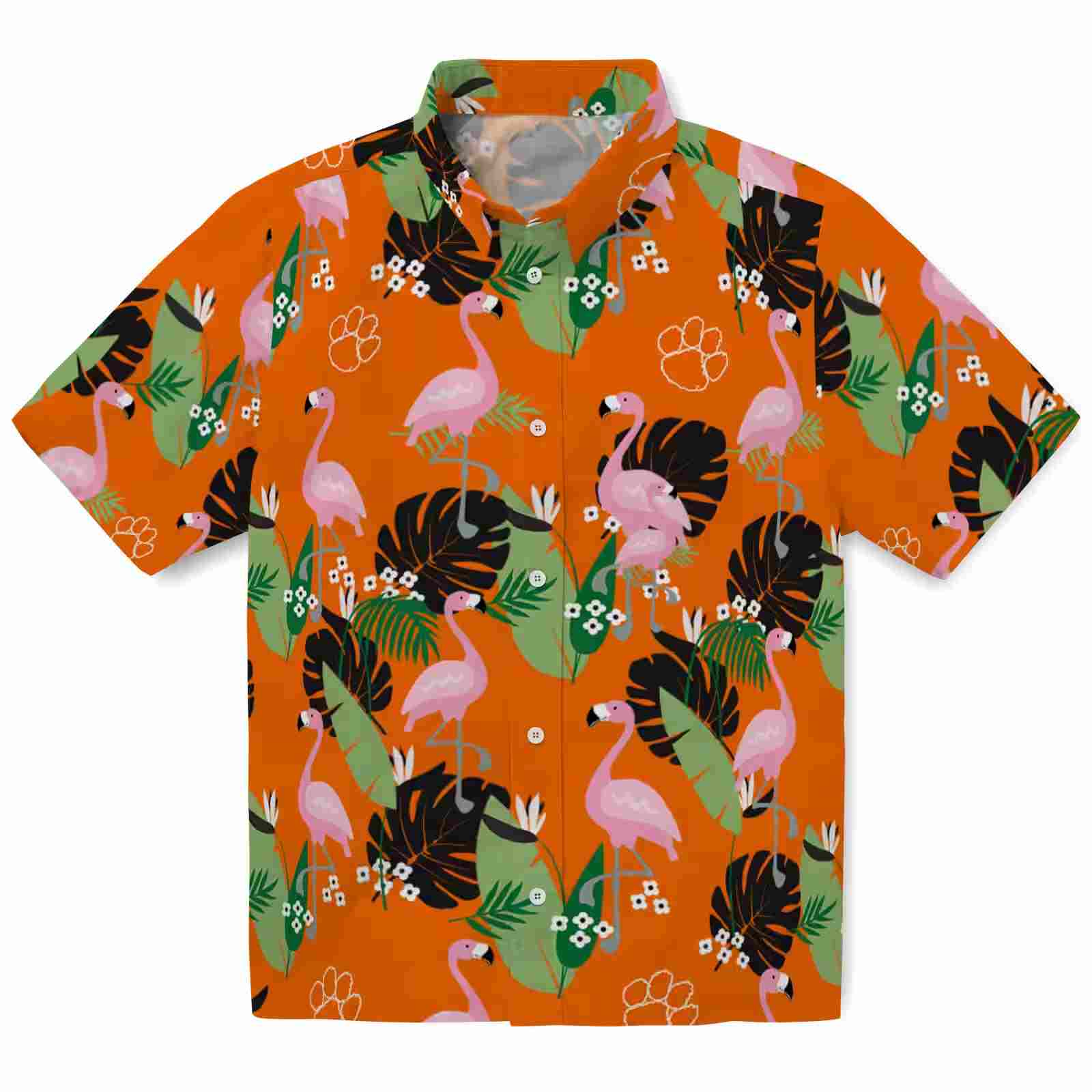 Clemson Tigers Flamingo Leaf Motif Orange Hawaiian Shirt