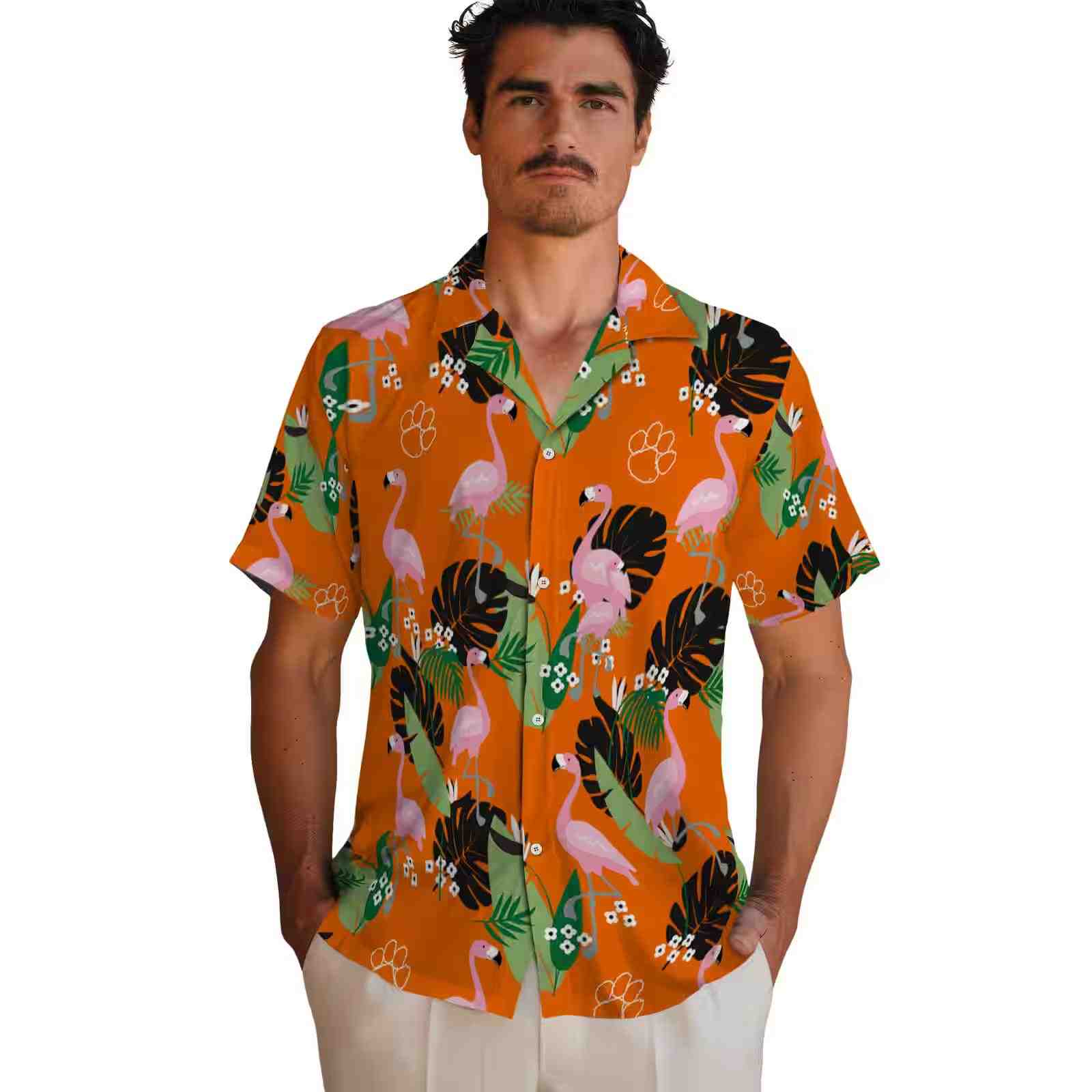 clemson tigers flamingo leaf motif orange hawaiian shirt fashion forward