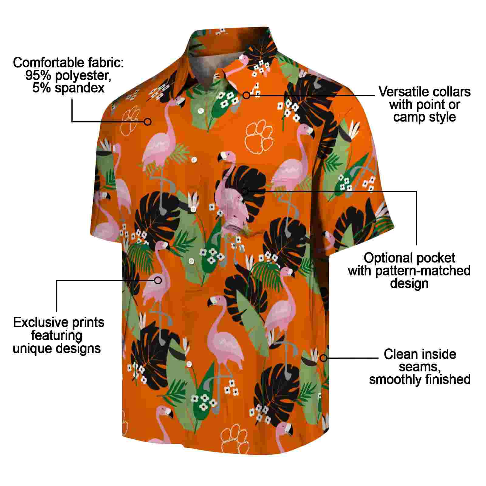 clemson tigers flamingo leaf motif orange hawaiian shirt new arrival