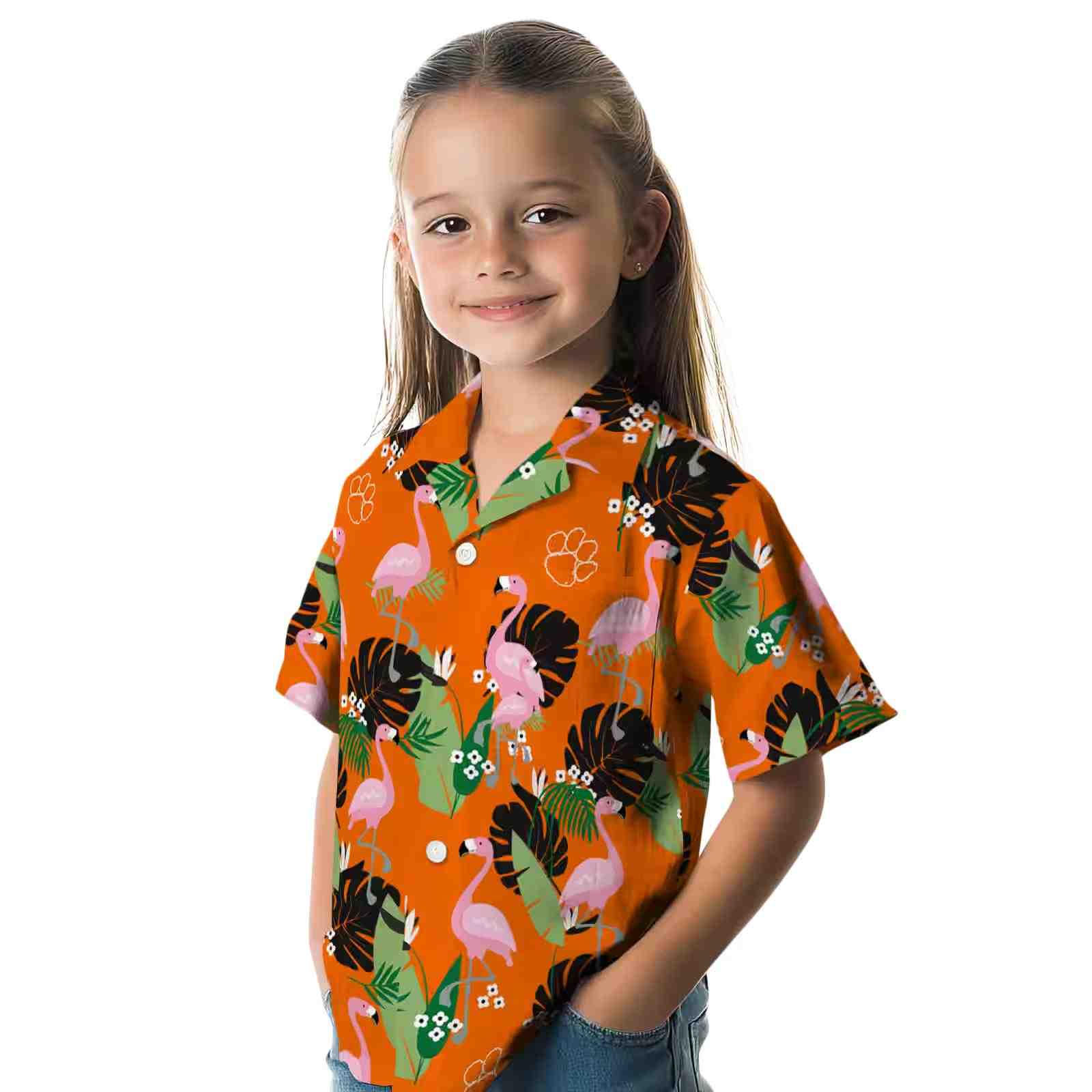 clemson tigers flamingo leaf motif orange hawaiian shirt premium grade