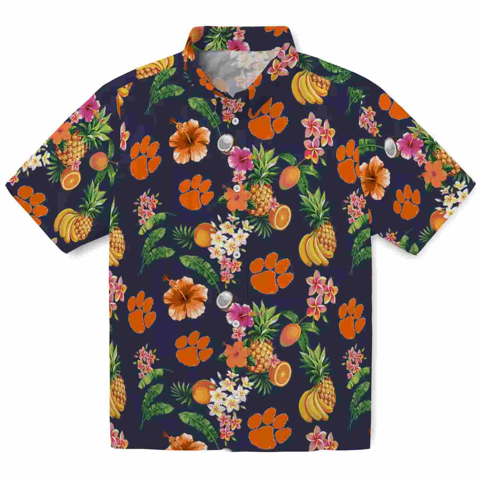 Clemson Tigers Hibiscus And Fruit Navy Blue Hawaiian Shirt