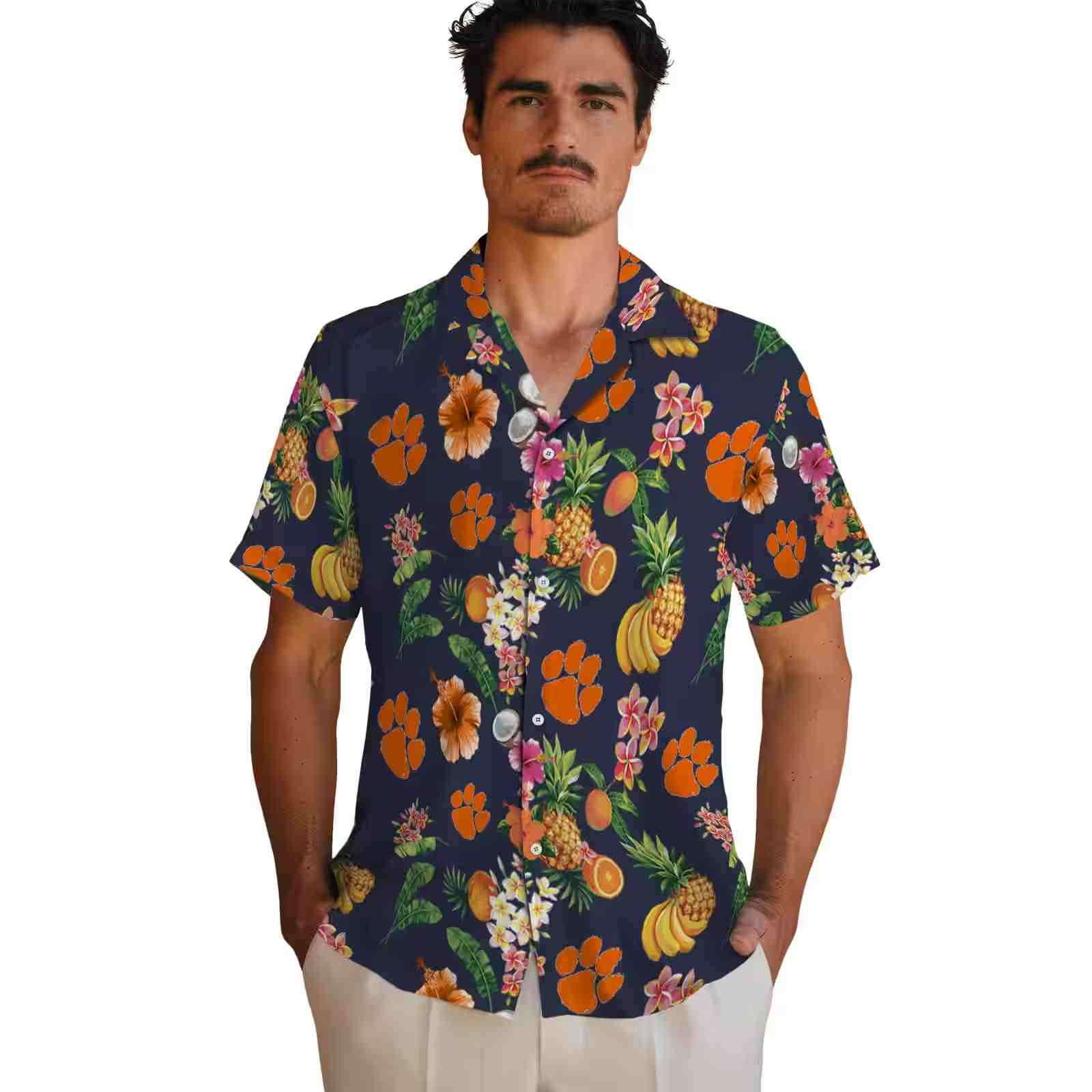 clemson tigers hibiscus and fruit navy blue hawaiian shirt fashion forward