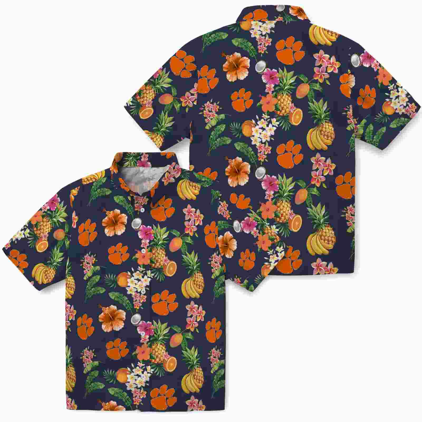 clemson tigers hibiscus and fruit navy blue hawaiian shirt high quality