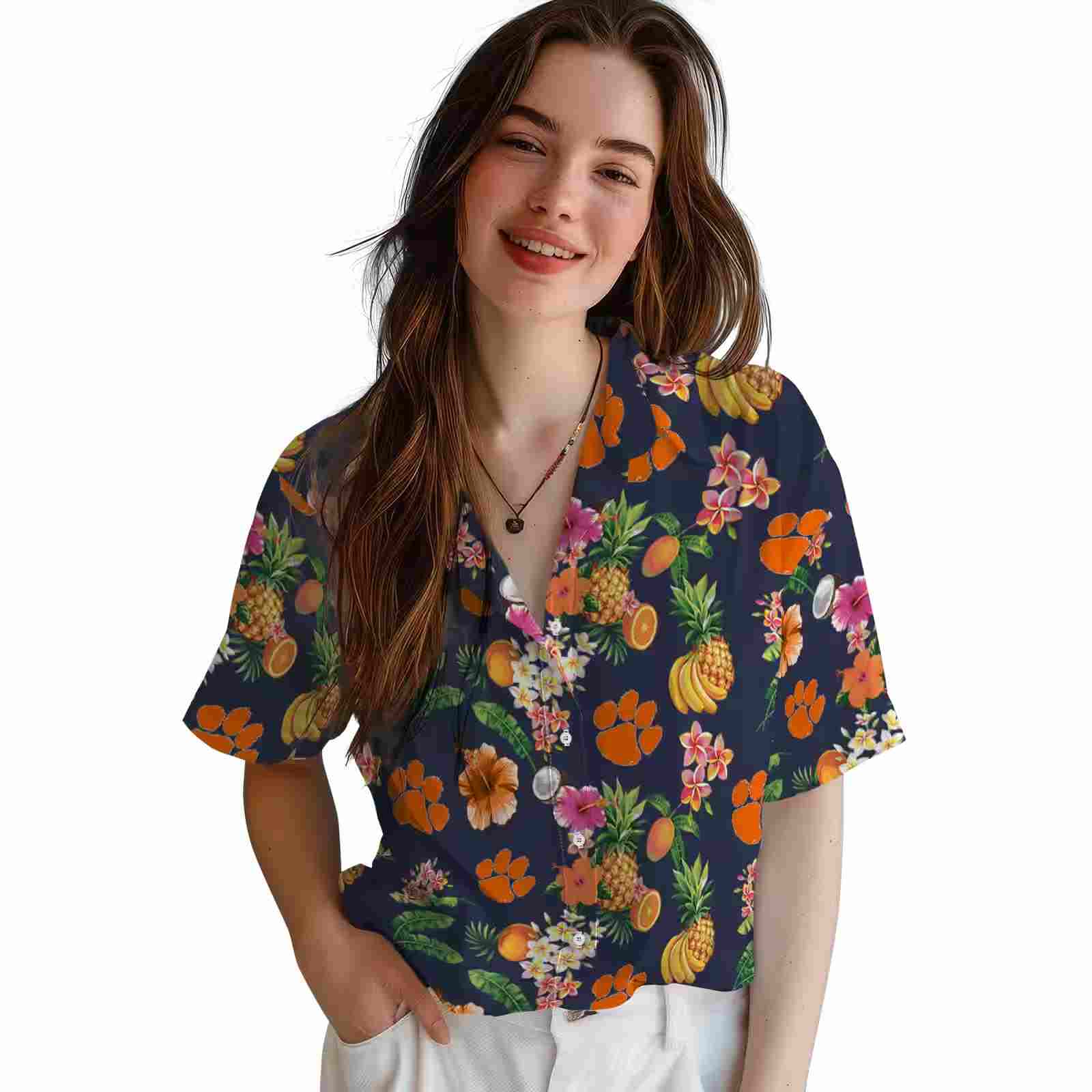 clemson tigers hibiscus and fruit navy blue hawaiian shirt latest model