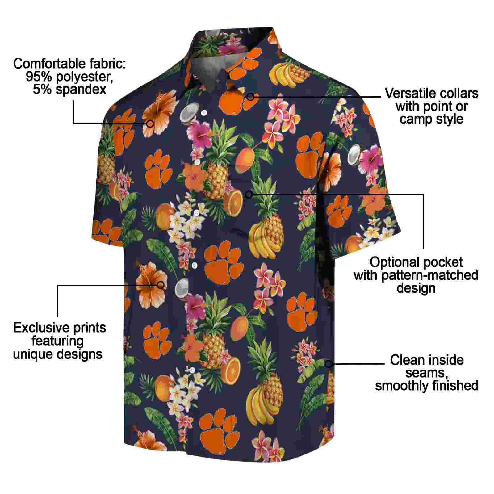 clemson tigers hibiscus and fruit navy blue hawaiian shirt new arrival