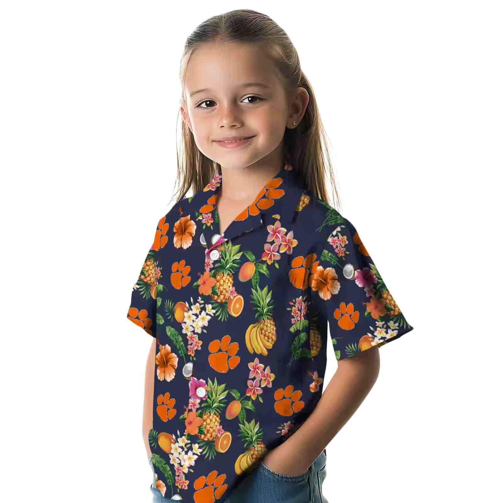 clemson tigers hibiscus and fruit navy blue hawaiian shirt premium grade