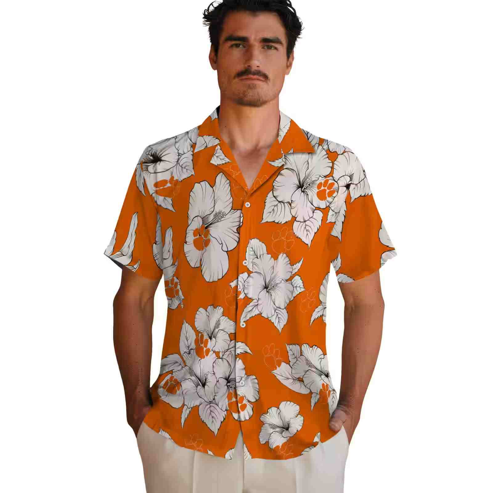 clemson tigers hibiscus blooms orange white hawaiian shirt fashion forward