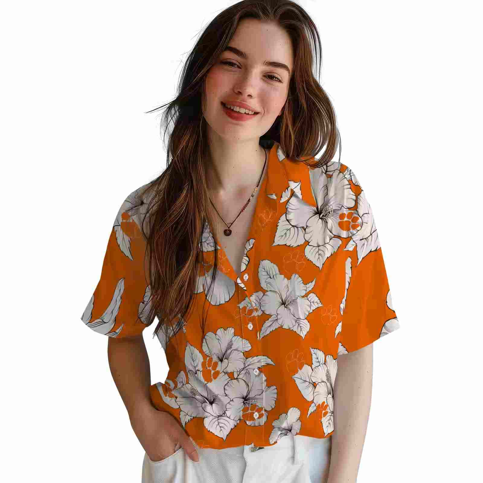 clemson tigers hibiscus blooms orange white hawaiian shirt latest model