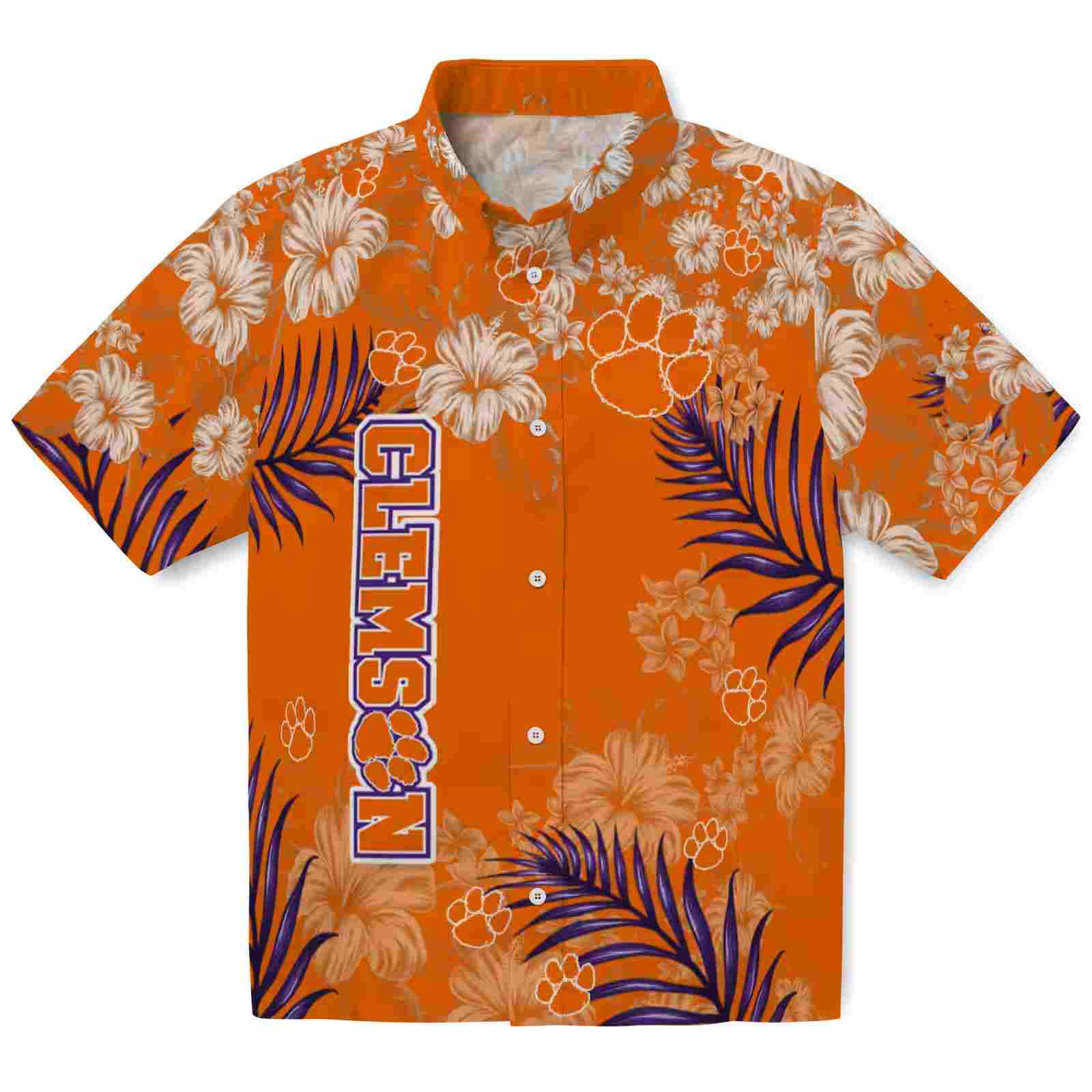 Clemson Tigers Hibiscus Print Orange Hawaiian Shirt