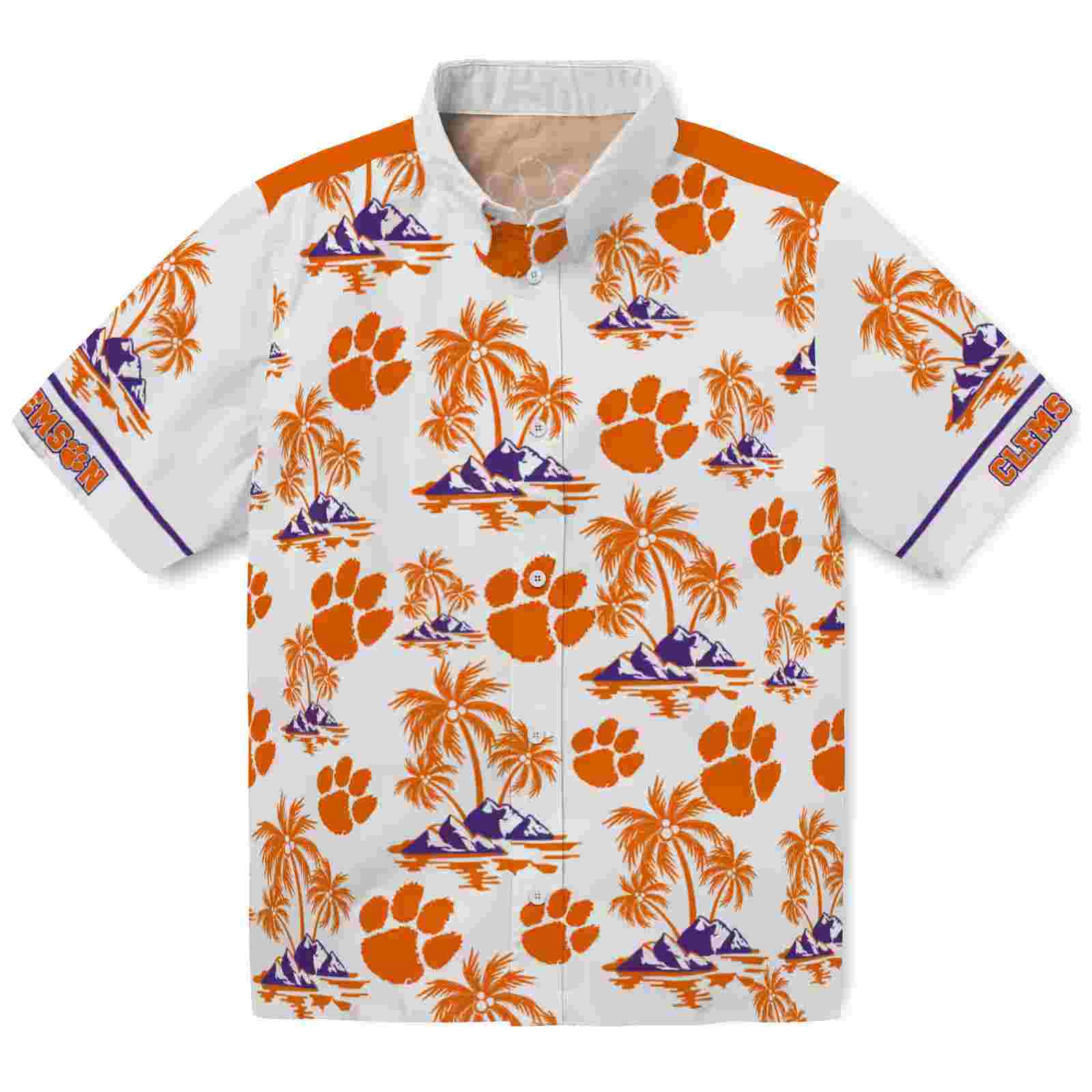 Clemson Tigers Palm Island Print Orange White Hawaiian Shirt