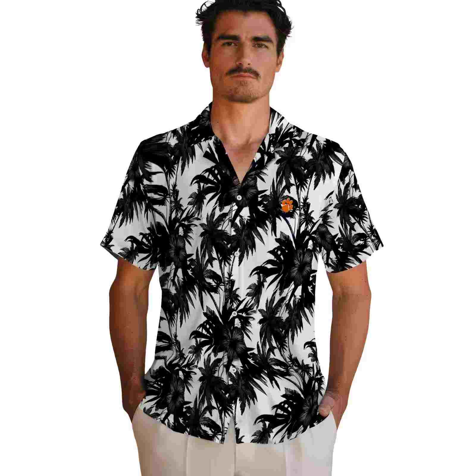 clemson tigers palm motifs black white hawaiian shirt fashion forward